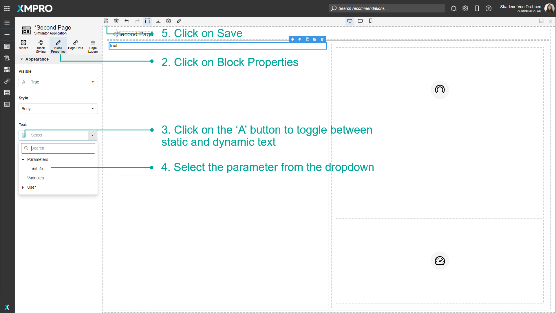 Screenshot of the Block Properties panel for a textbox. The "A" toggle button is highlighted, indicating a switch to dynamic text mode. The MachineID parameter is selected from the dropdown menu.