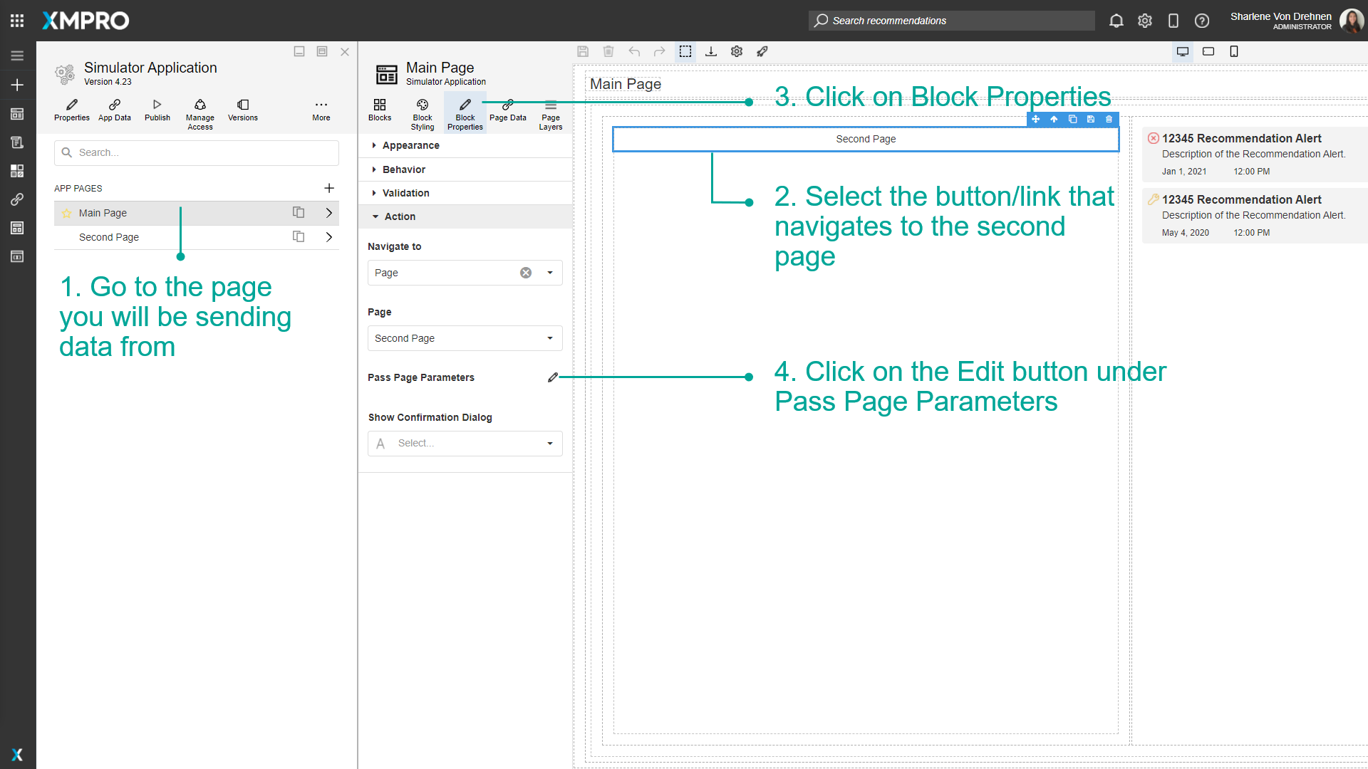 Screenshot of the Block Properties panel showing the Navigate To section with a Page selected. The "Edit" button for Pass Page Parameters is highlighted, indicating where to configure parameters to send to the destination page.