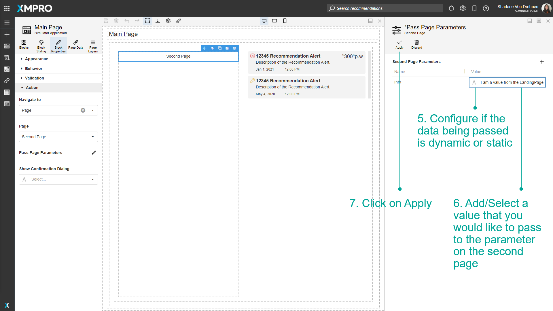Screenshot of the Pass Page Parameters dialog. A parameter named "MachineID" is configured to receive a static value "Machine123". The dialog shows options to set the parameter type and value.