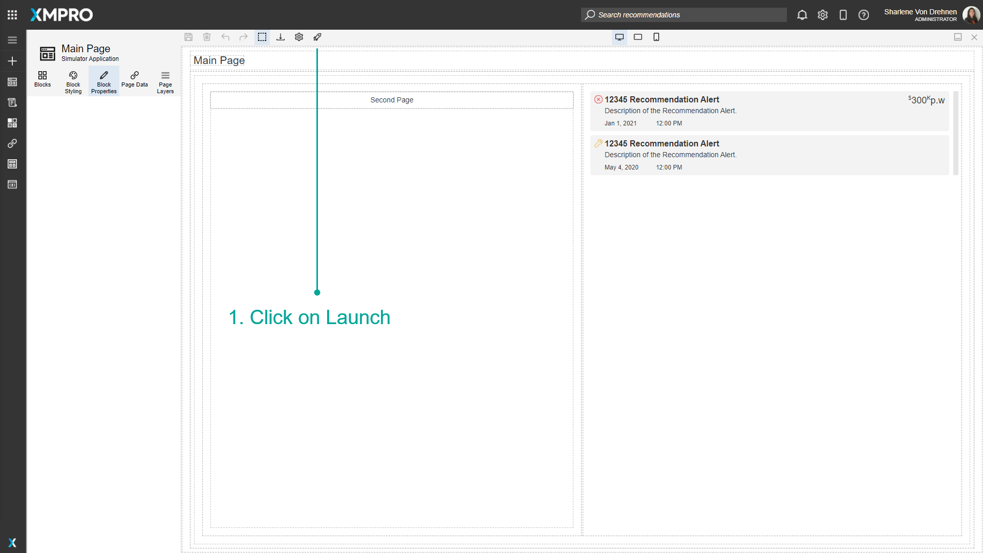 Screenshot of the application editor with the Launch button highlighted in the top toolbar. This button is used to preview the application at runtime.