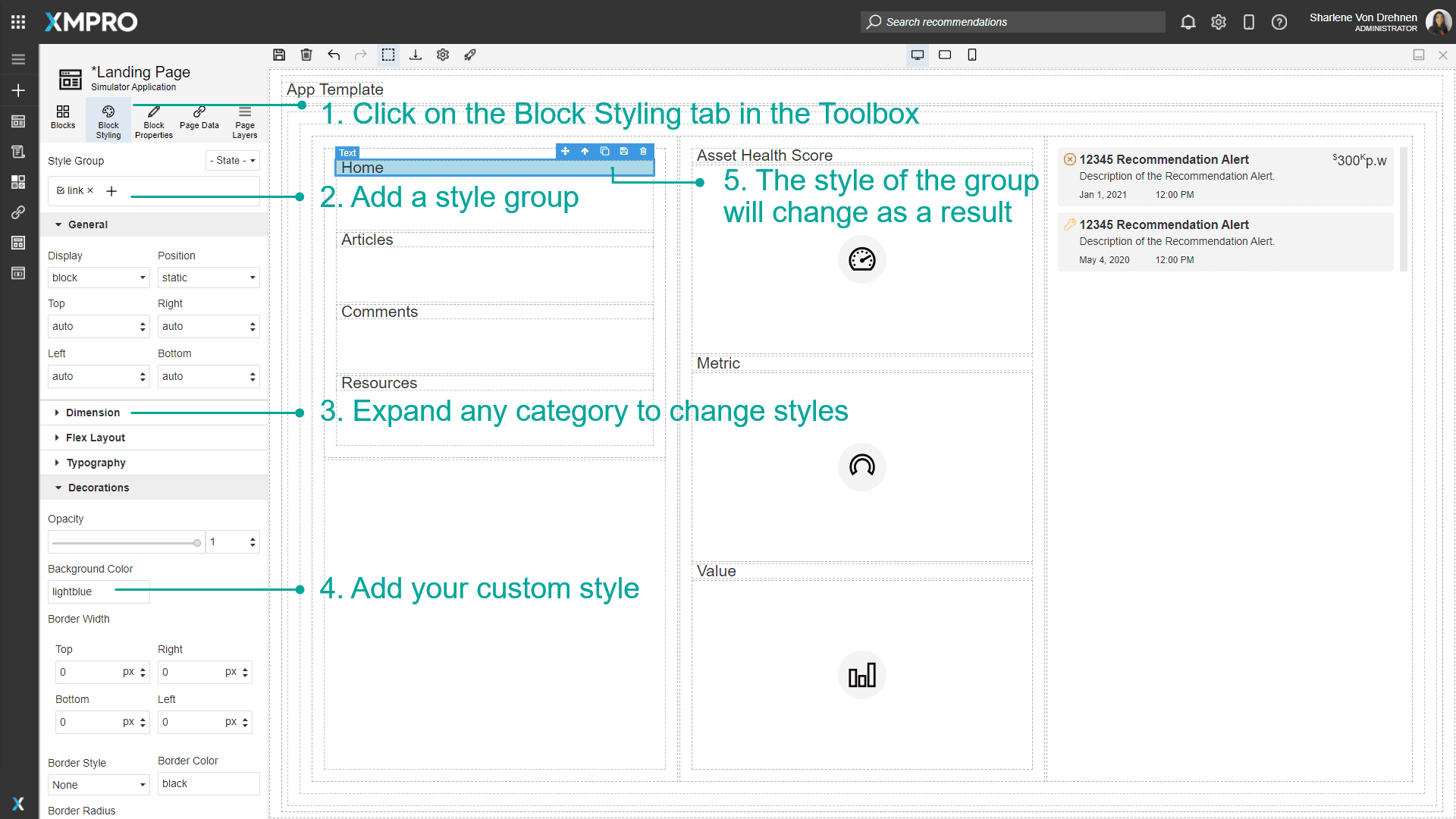 Screenshot of the Block Styling panel showing a new style group named "HeaderStyle" being created. The panel displays various style categories including Background, Typography, and Dimensions that can be expanded to customize the style.