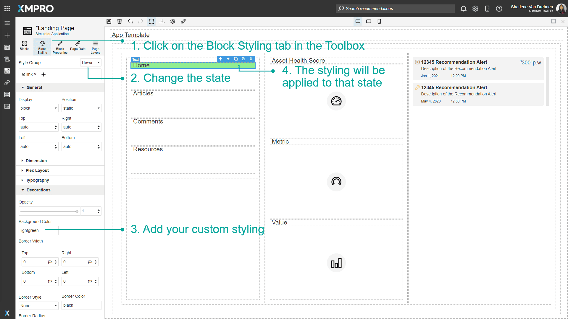 Screenshot showing the Block Styling panel with the State dropdown set to "hover". The Background category is expanded, showing that the background color has been changed to a light green for the hover state of the selected block.