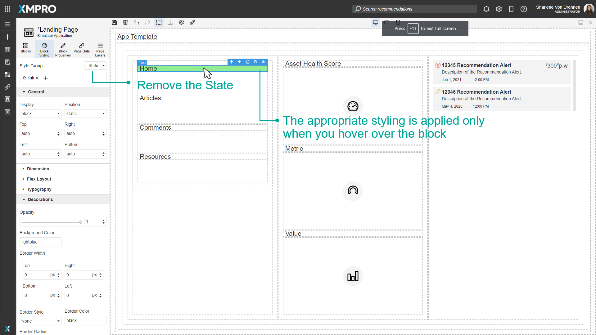Screenshot demonstrating the hover effect in action. The mouse cursor is hovering over a navigation item labeled "Home", which has changed its background color from light blue to light green as configured in the hover state styling.