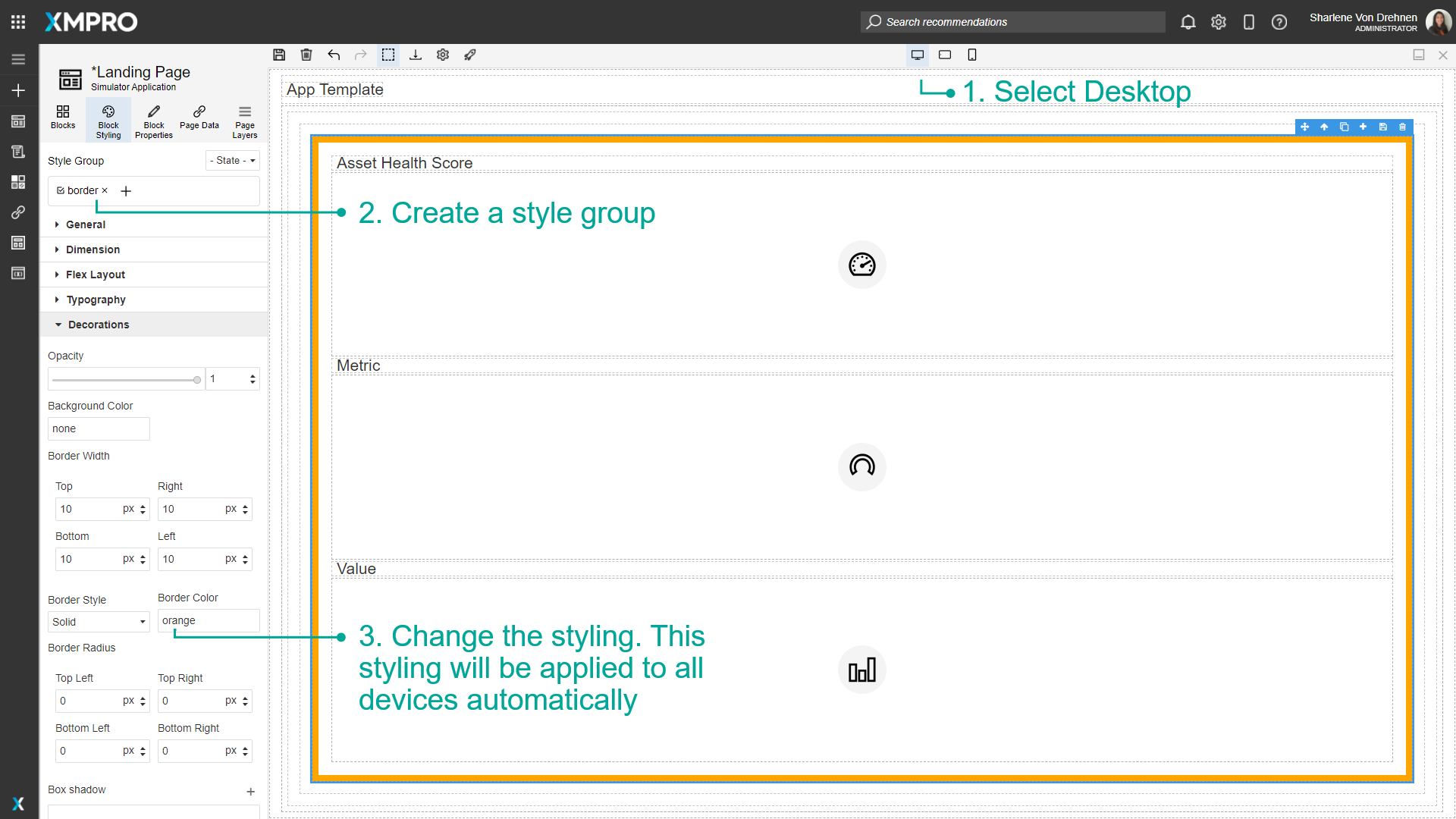 Screenshot showing the device selector set to "Desktop" (1920px width) at the top of the editor. The Block Styling panel shows a style group being configured with desktop-specific styling options.