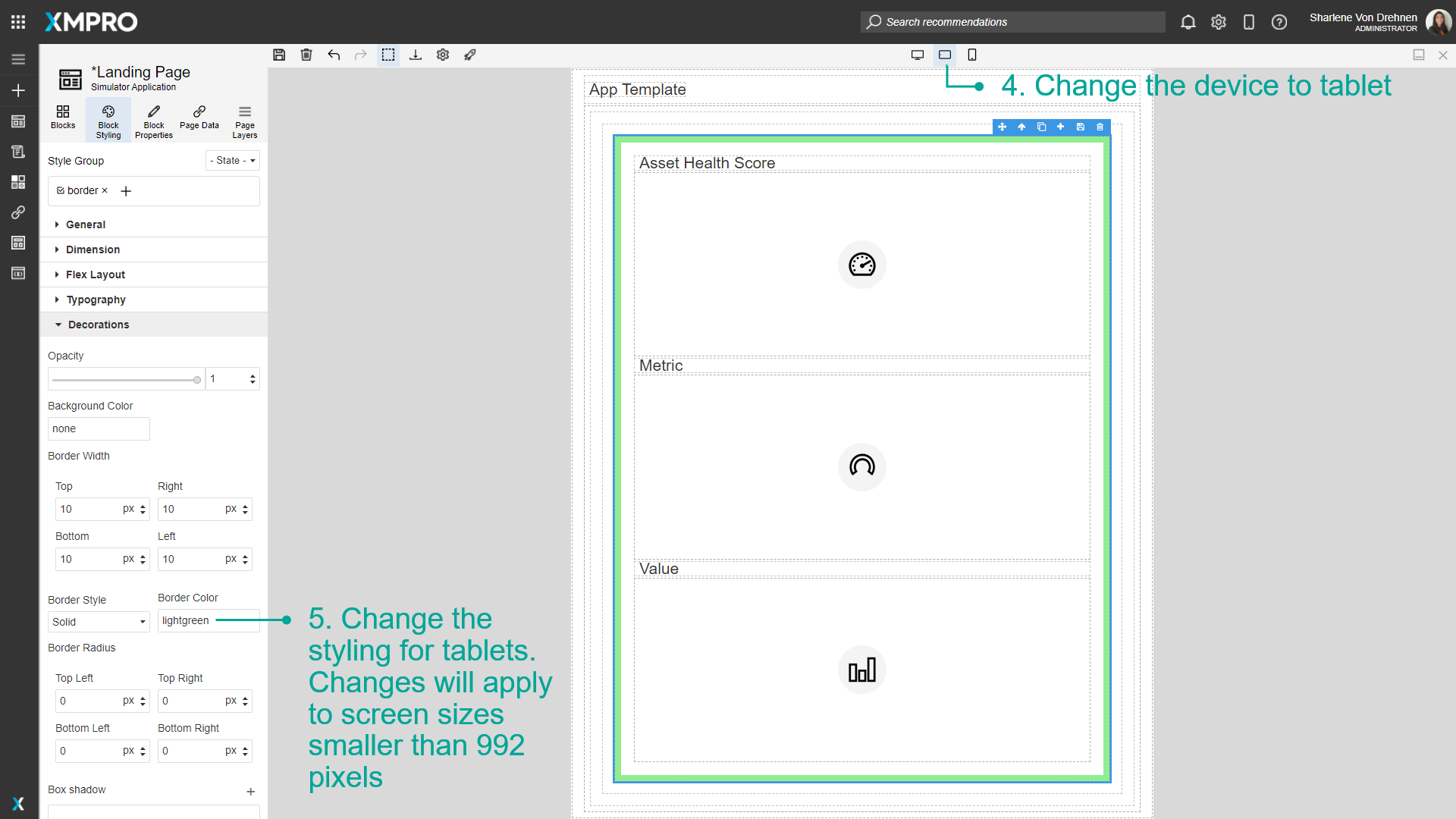 Screenshot showing the device selector set to "Tablet" (1366px width) at the top of the editor. The Block Styling panel shows the same style group being adjusted with tablet-specific styling options that override the desktop settings.