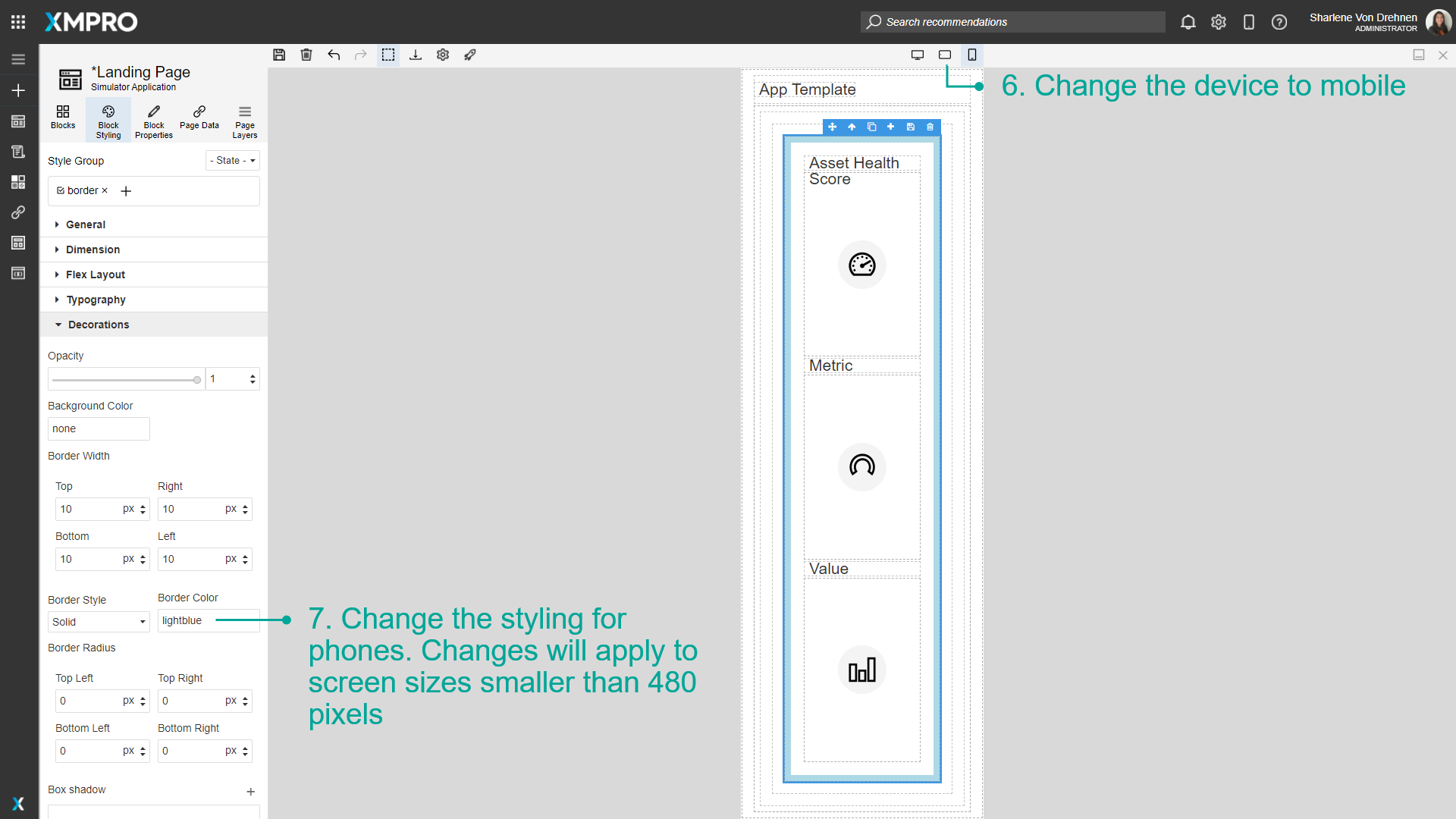 Screenshot showing the device selector set to "Mobile" (896px width) at the top of the editor. The Block Styling panel shows the style group being further customized with mobile-specific styling options that will only apply to small screen sizes.
