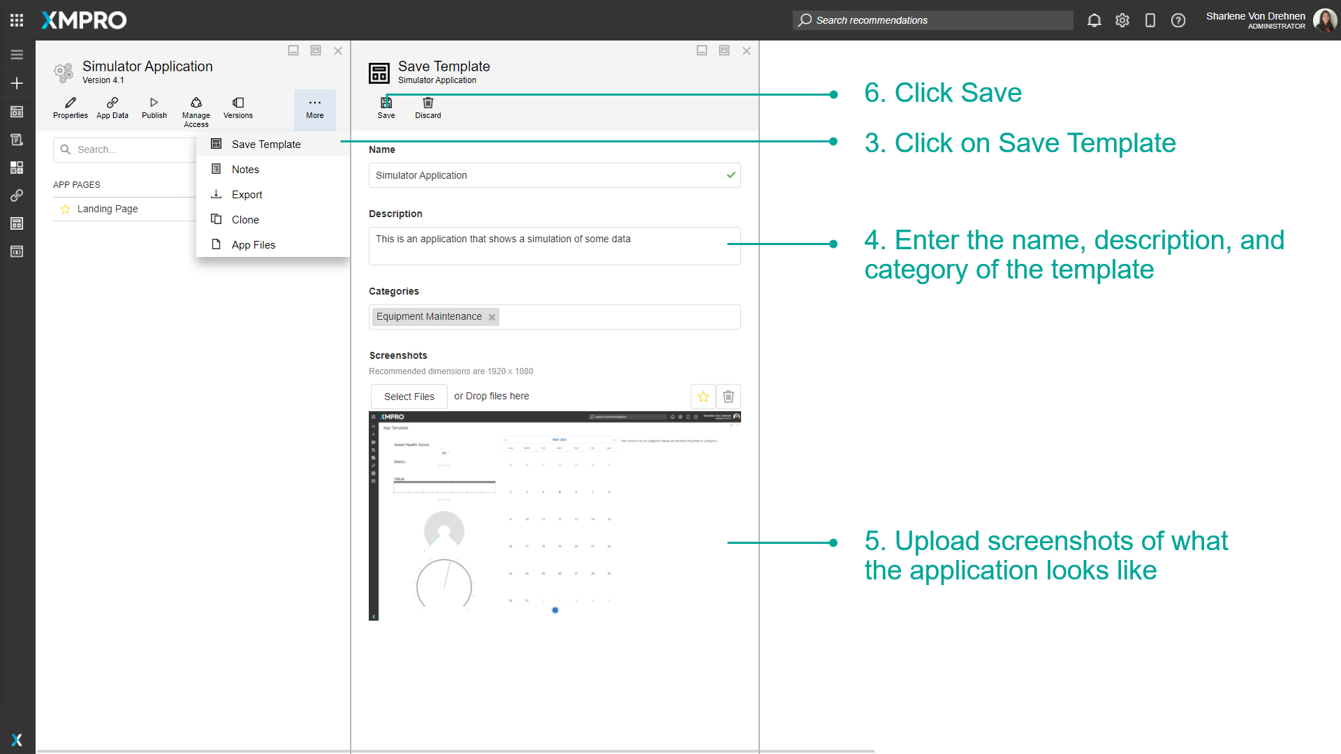 Save template dialog with fields for name, description, category and screenshots