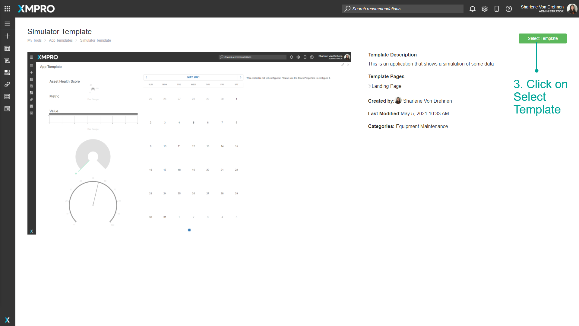 Template details page with Select Template button