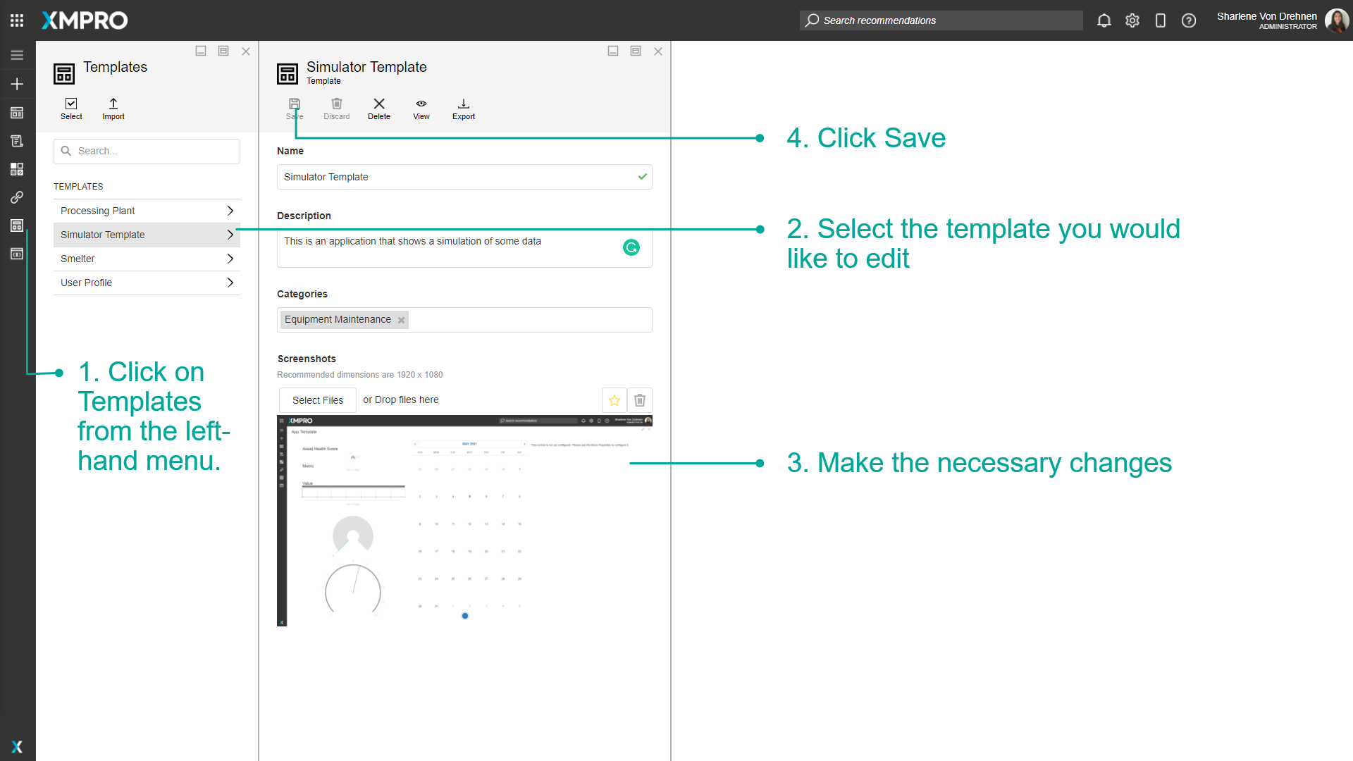 Template editing interface showing template details