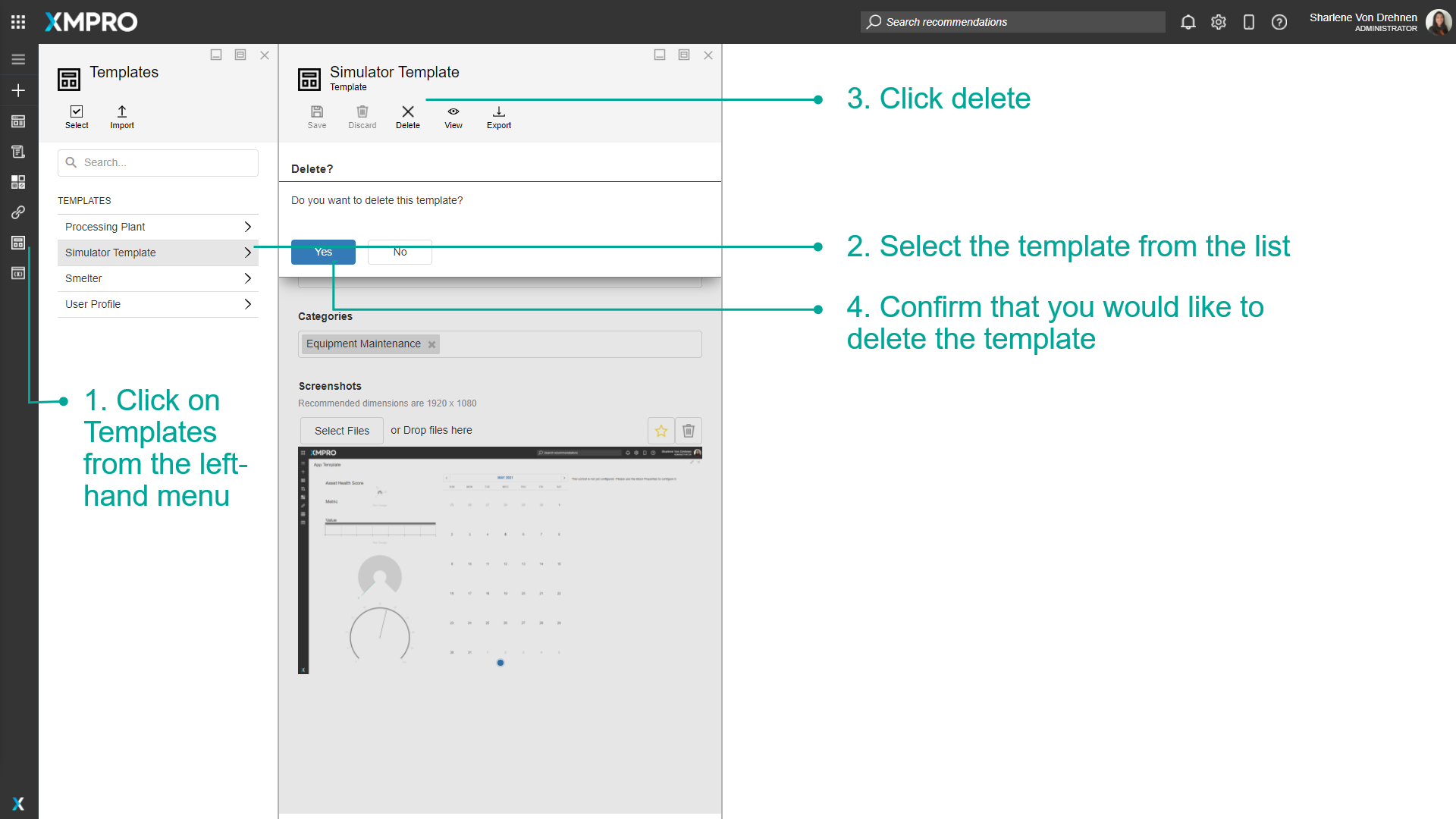 Template details page with Delete button highlighted