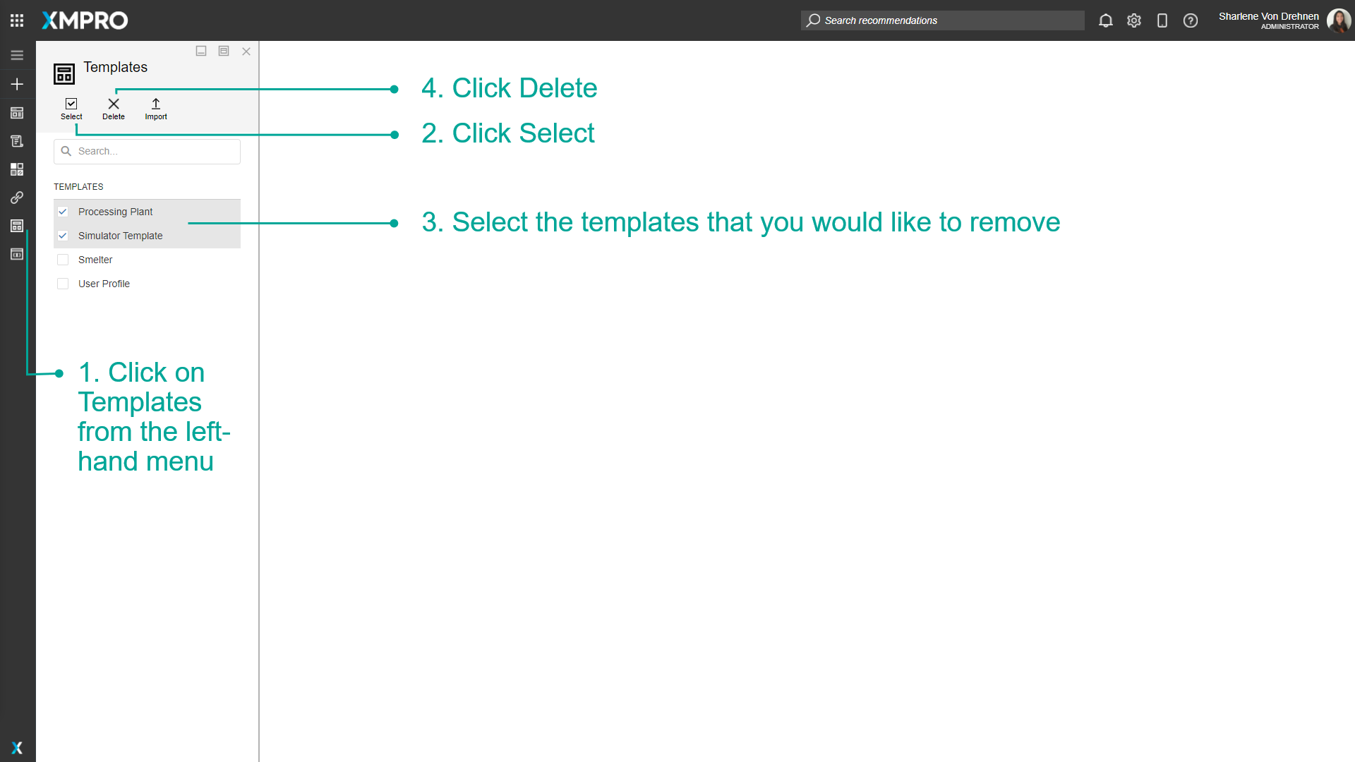 Templates page with multiple templates selected and Delete button