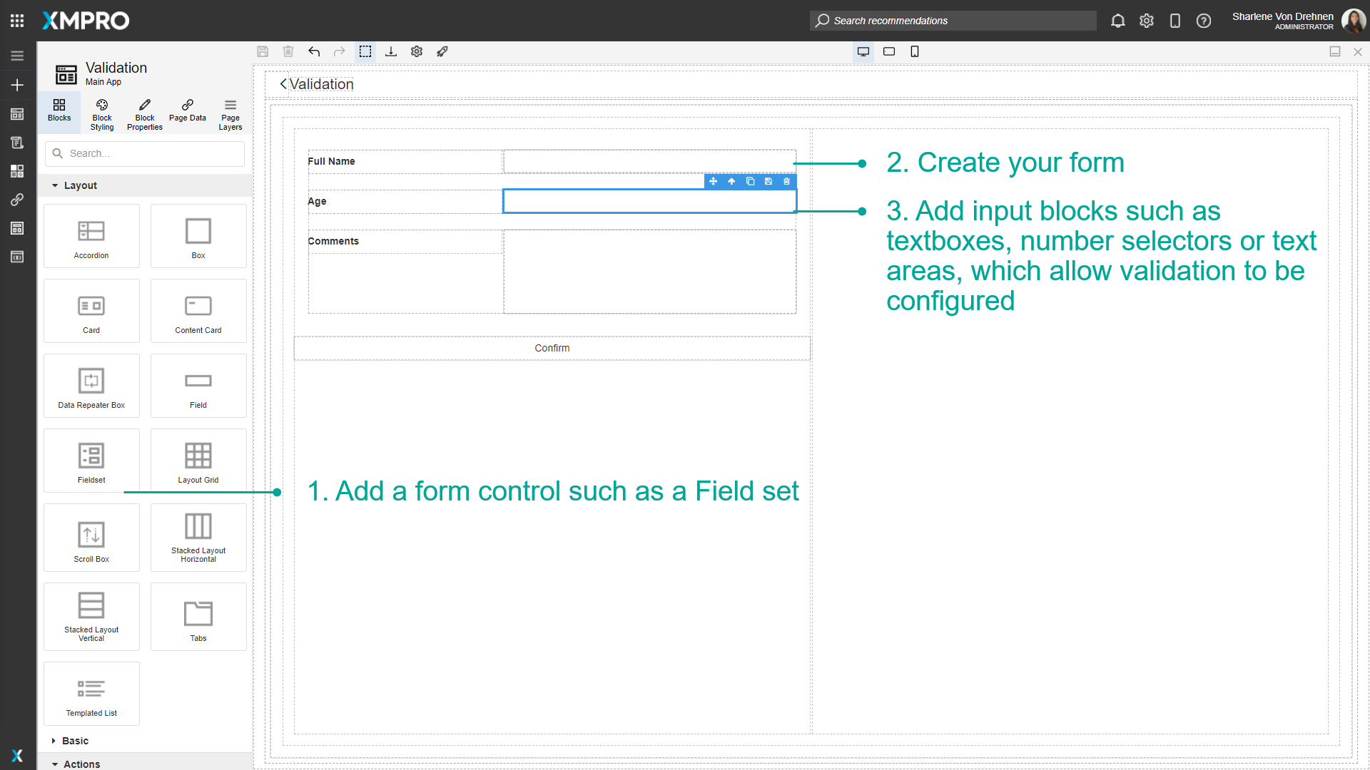 Screenshot showing a form field selected with the Block Properties panel open