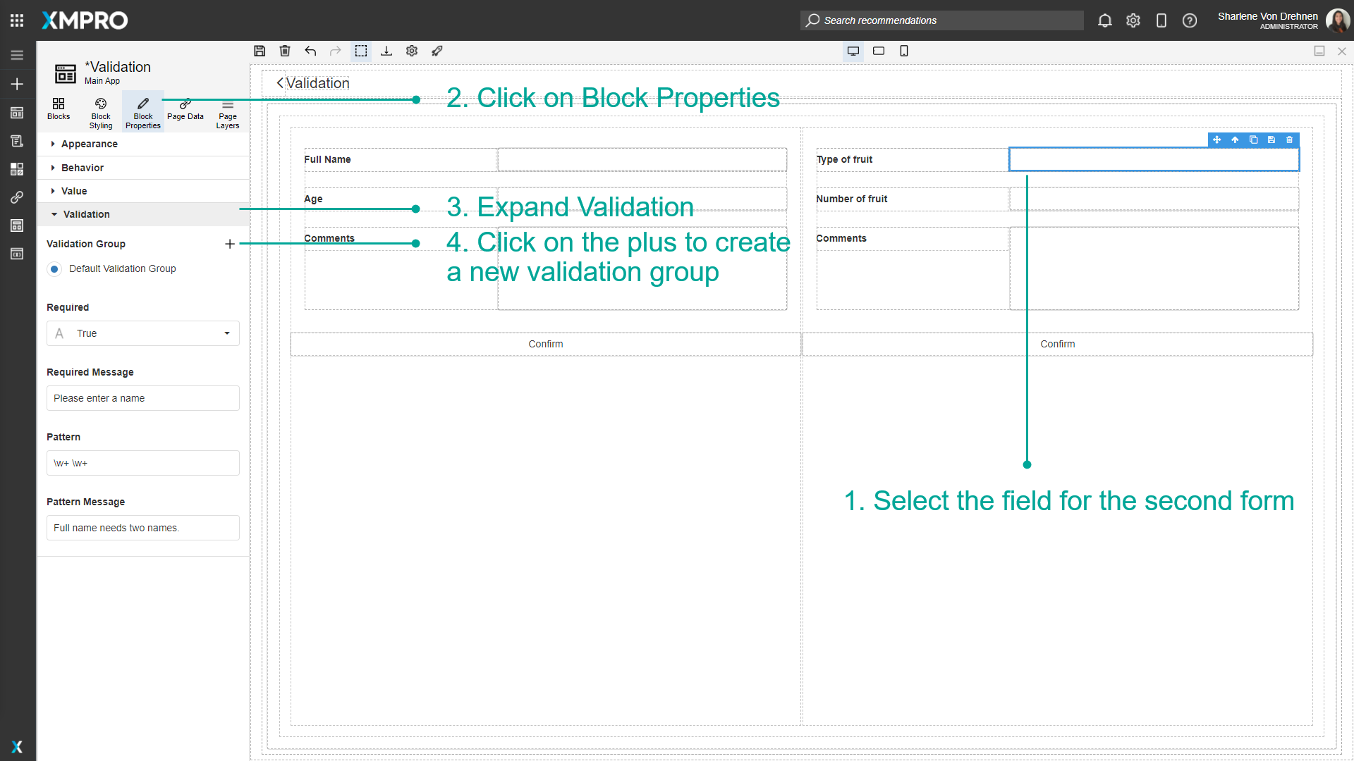 Screenshot showing the plus button to create a new validation group