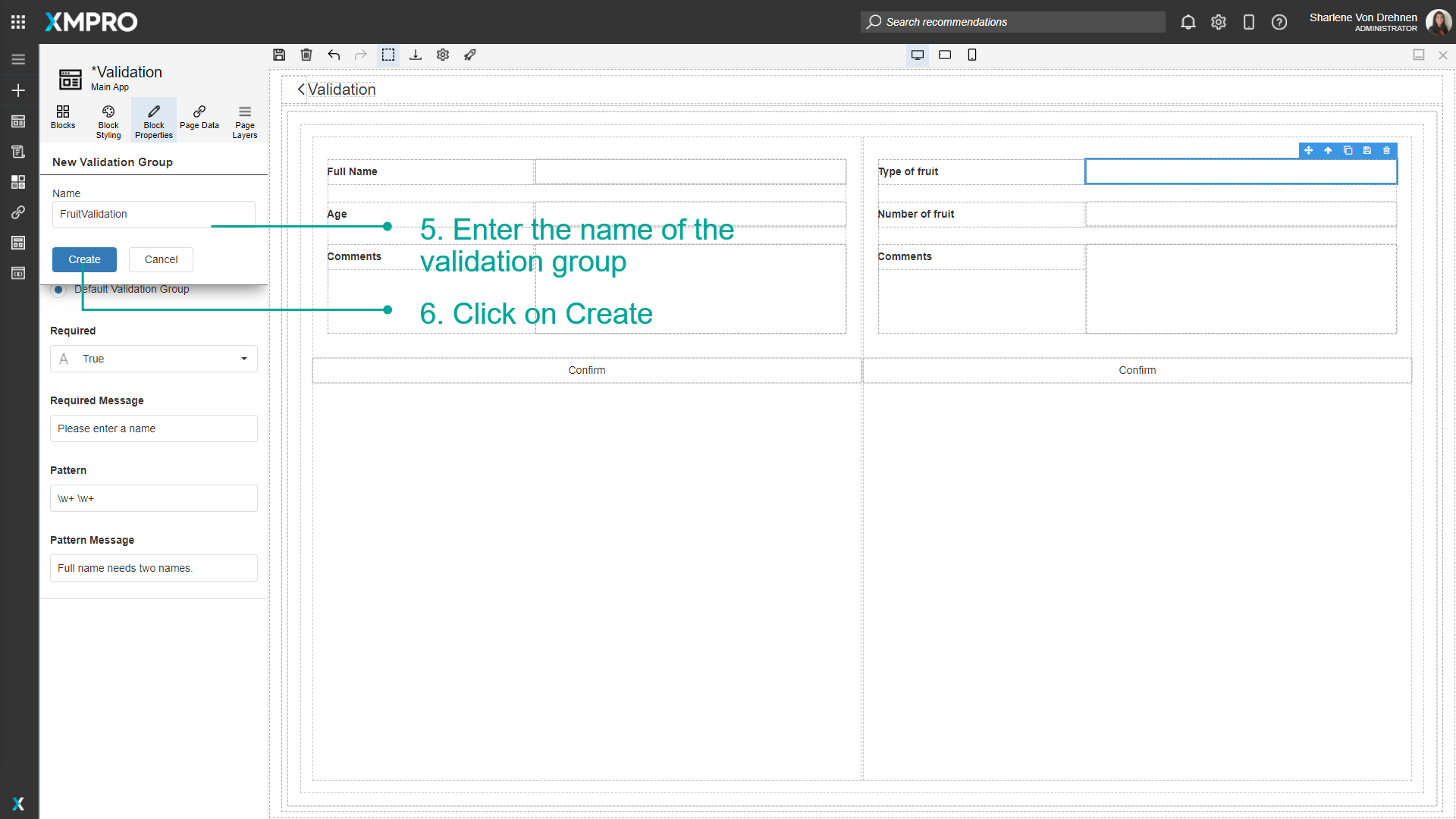 Screenshot showing the dialog to create a new validation group with a name field
