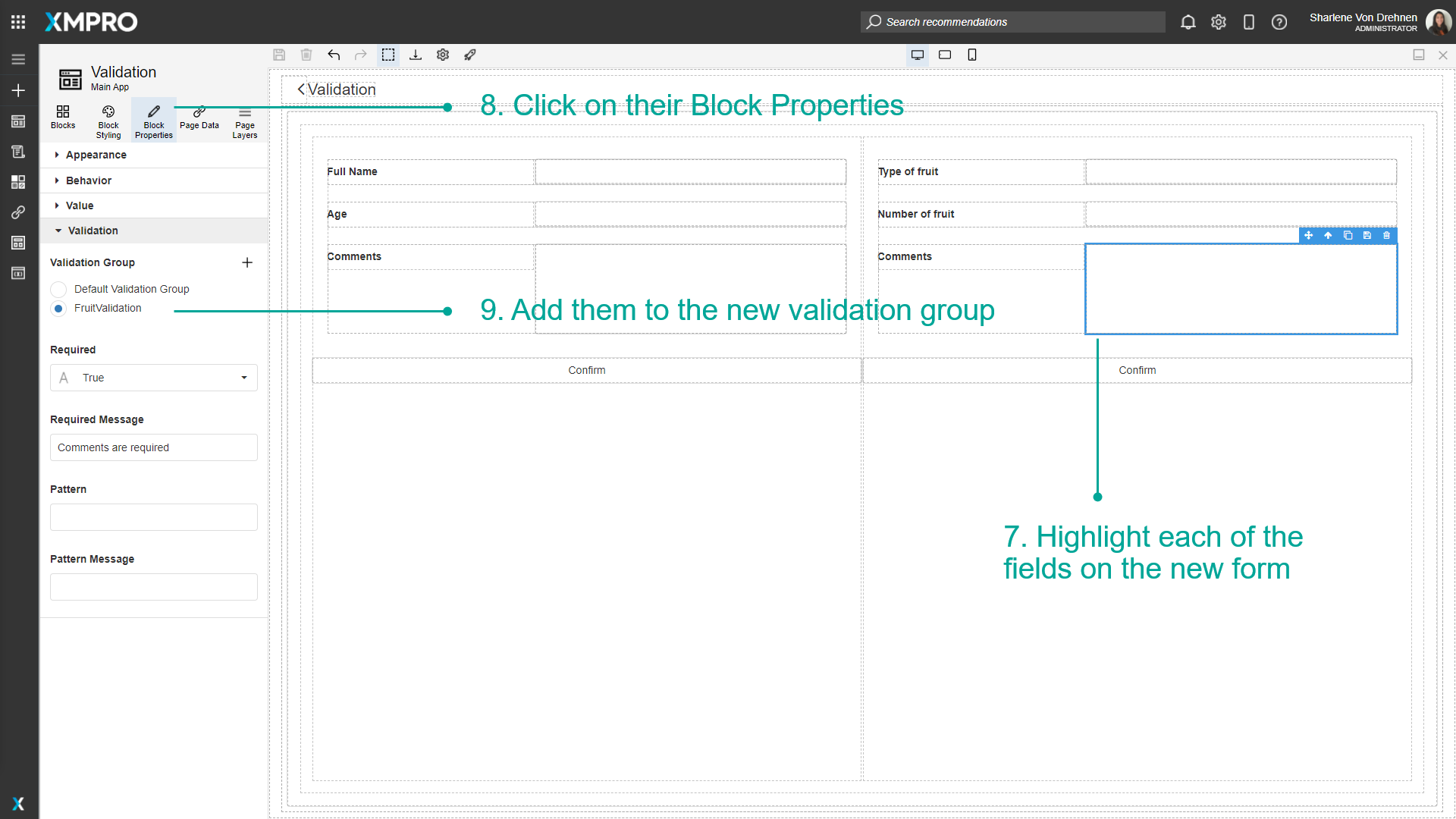 Screenshot showing how to add a field to a specific validation group