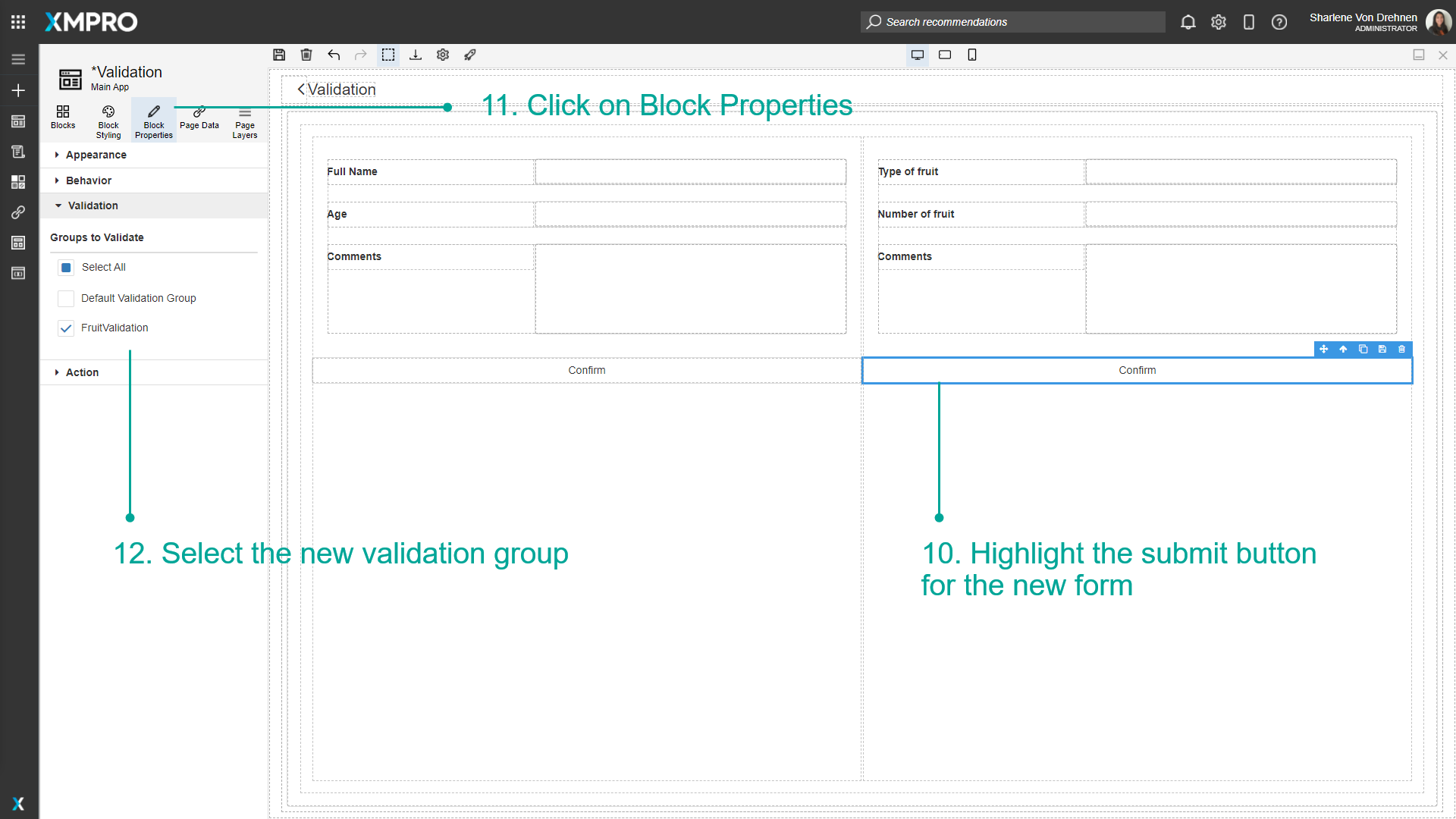 Screenshot showing how to assign a validation group to a submit button
