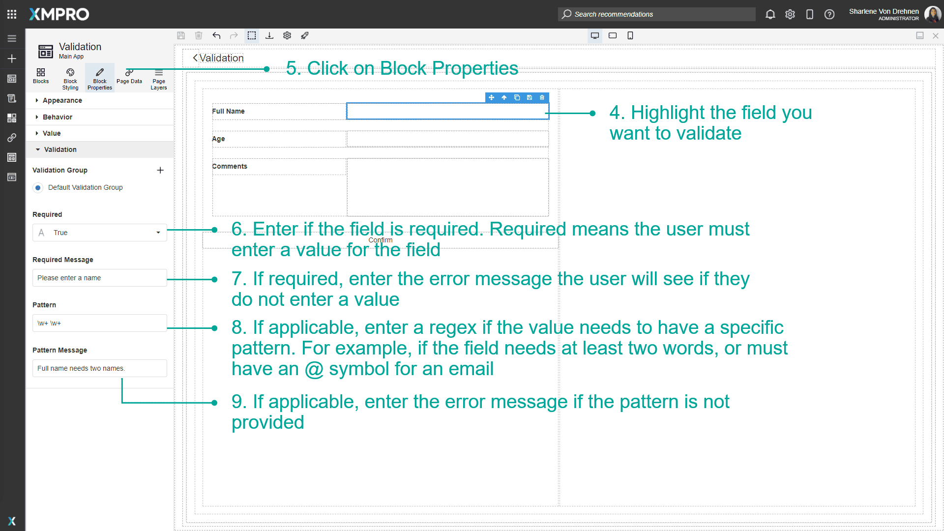 Screenshot showing the required checkbox selected in the validation properties