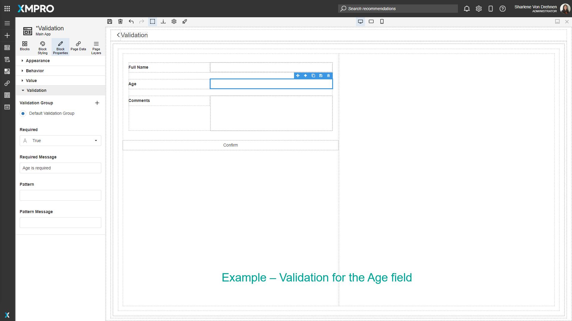 Screenshot showing the regex pattern field being filled with a validation pattern