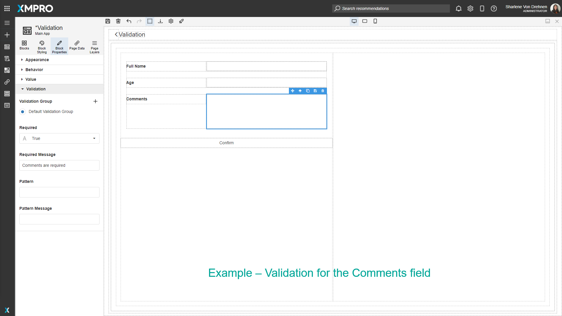 Screenshot showing the error message field being configured for validation failures