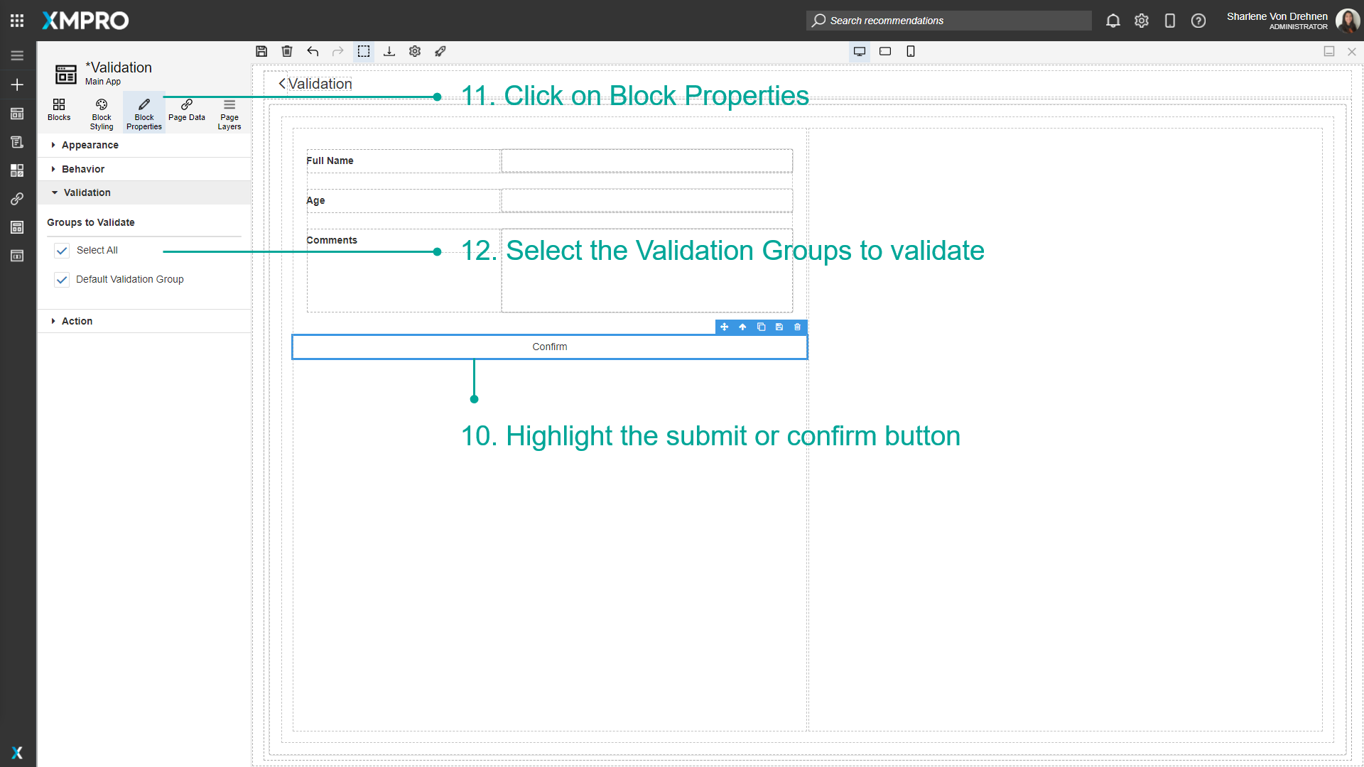 Screenshot showing the validation groups being selected for a submit button