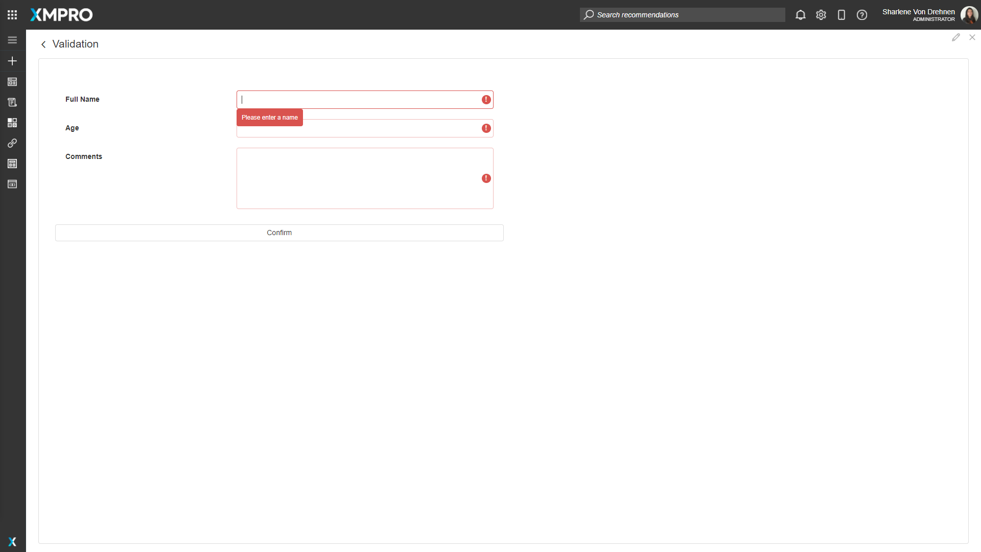 Screenshot showing a form with validation errors highlighted in red