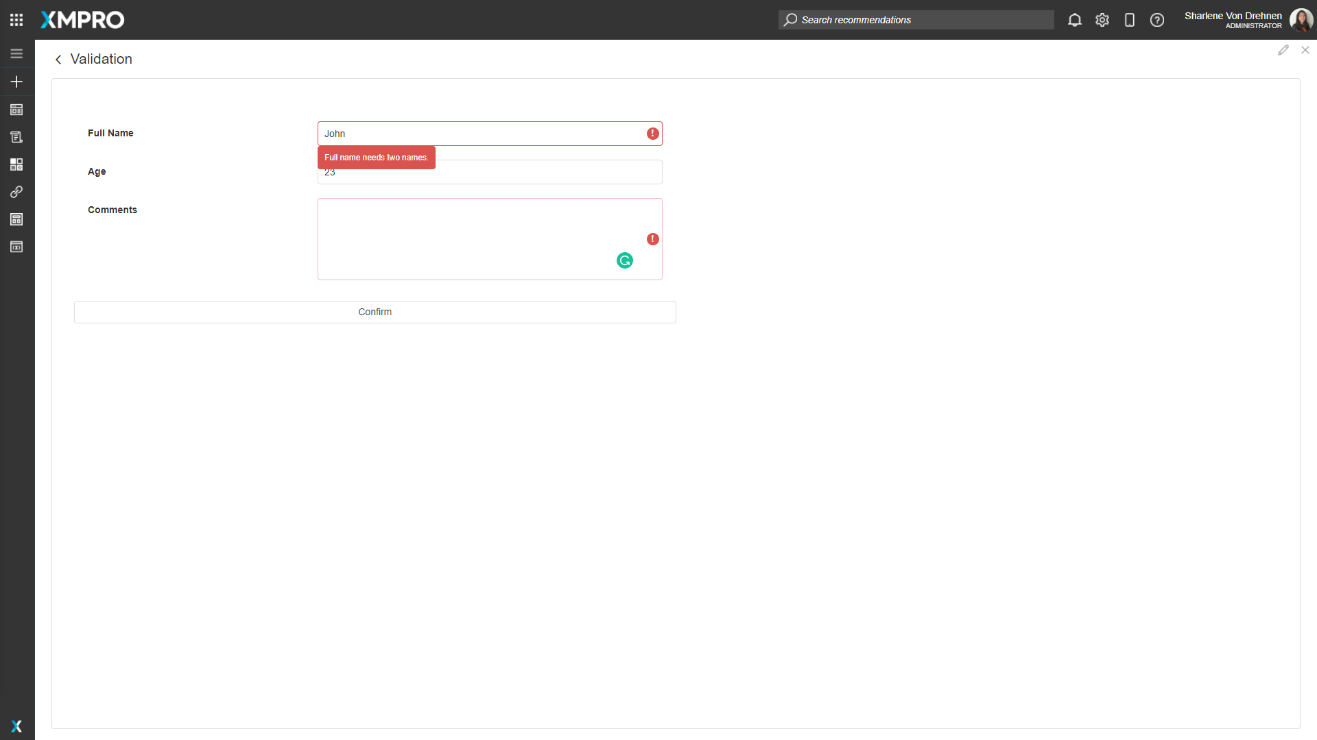 Screenshot showing a form field with a validation error message displayed