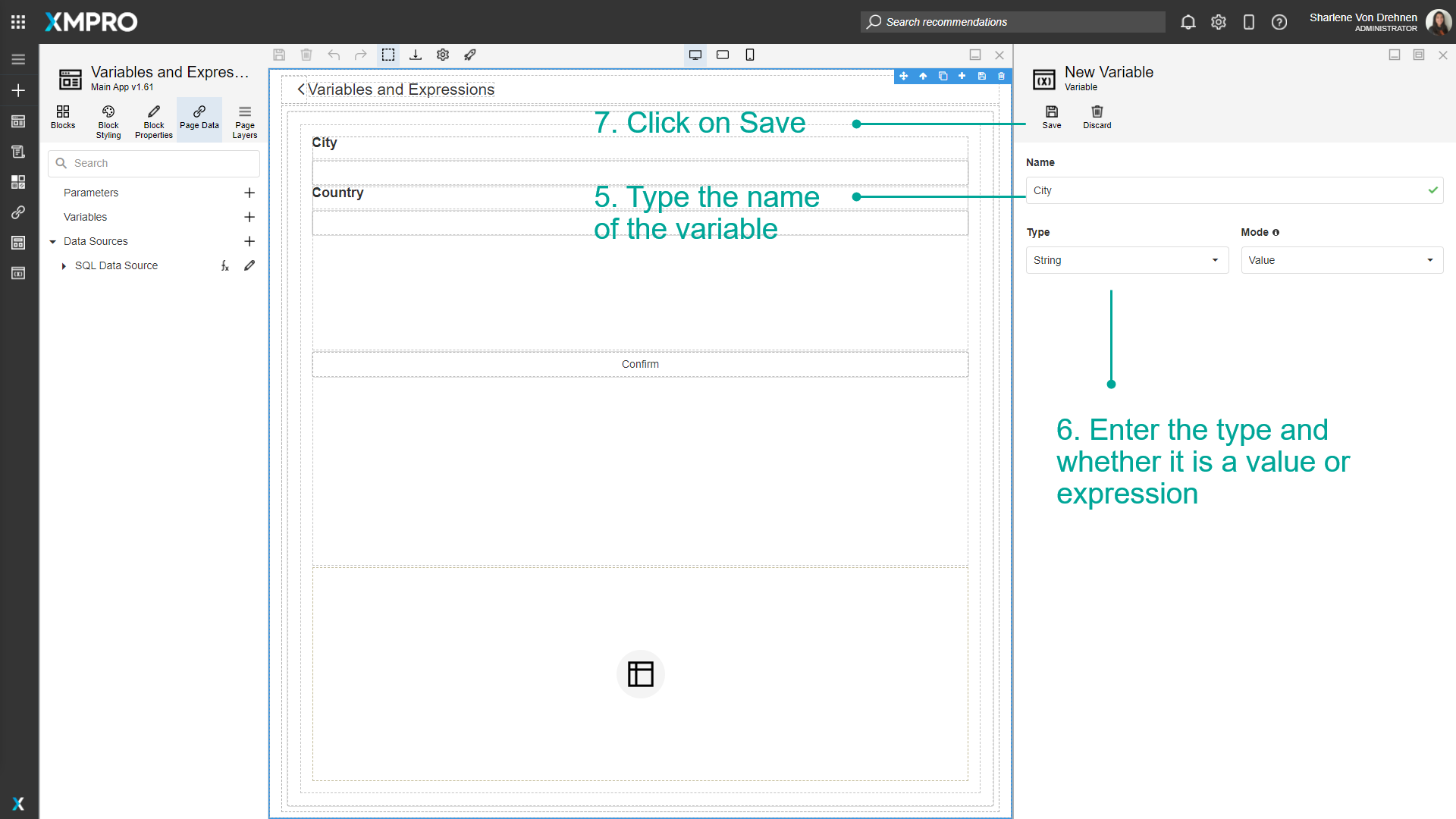 Screenshot showing the variable configuration panel with name, type, and value/expression options