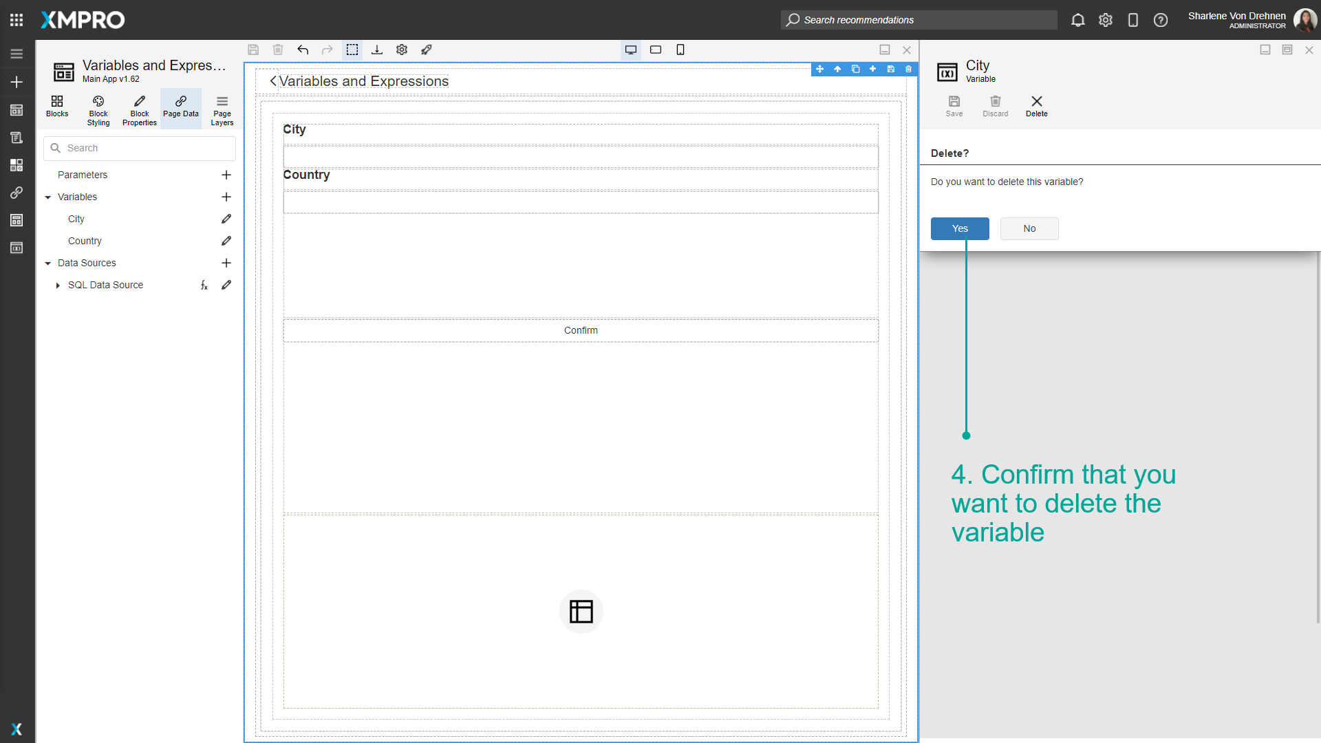Screenshot showing the confirmation dialog for deleting a variable