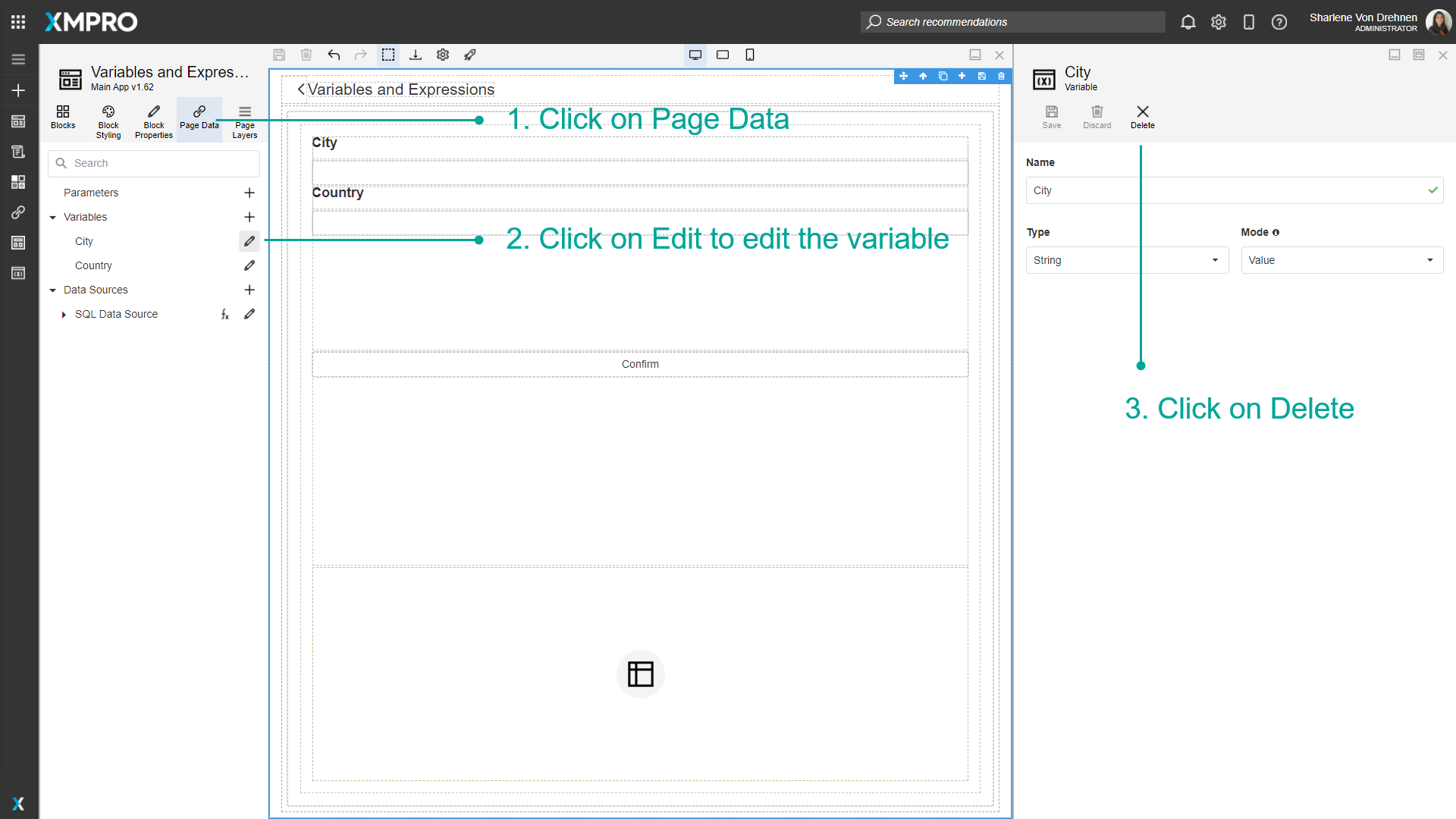 Screenshot showing the edit panel for a variable with the Delete button highlighted