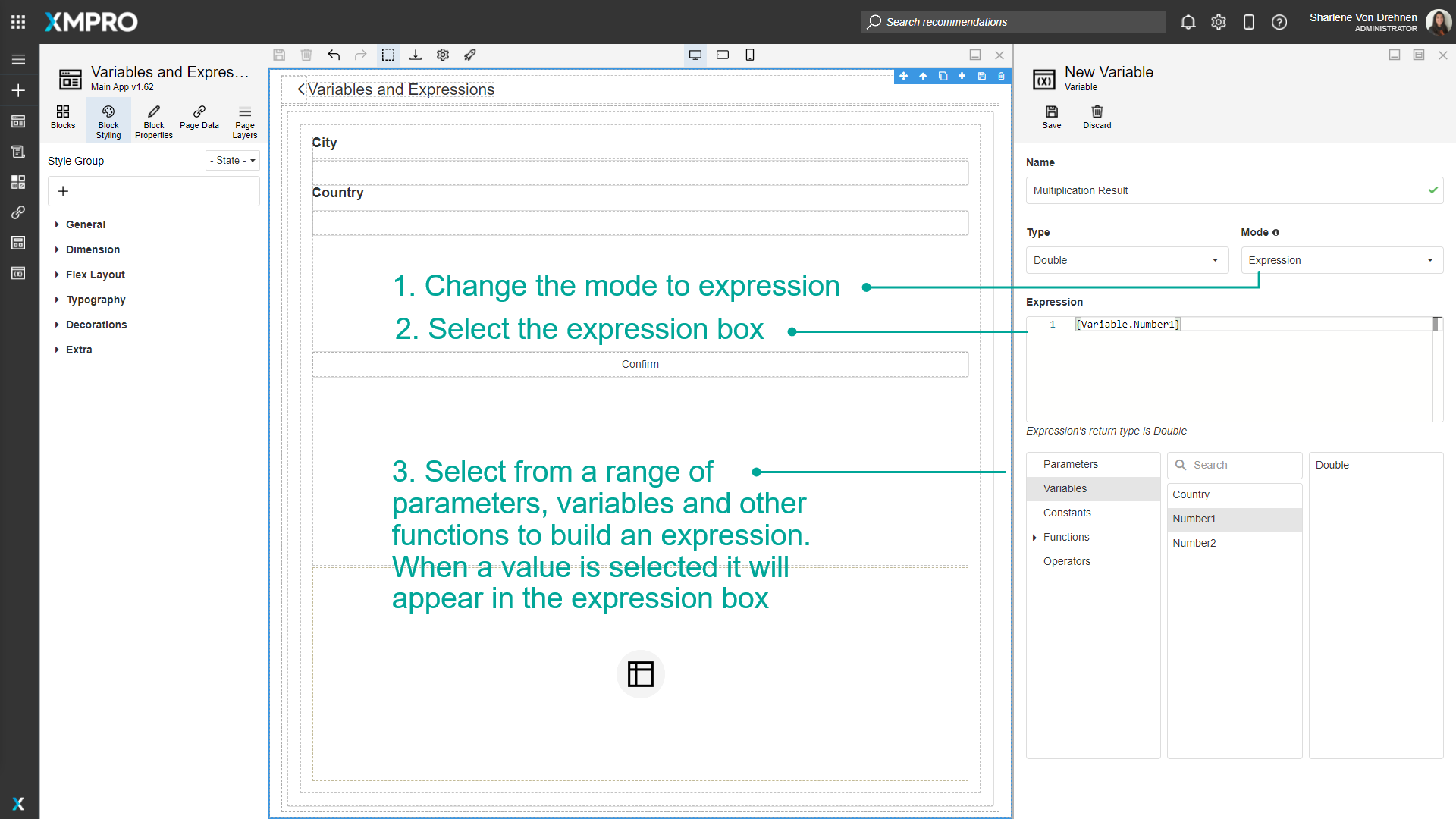 Screenshot showing the expression builder interface with functions, variables, and operators