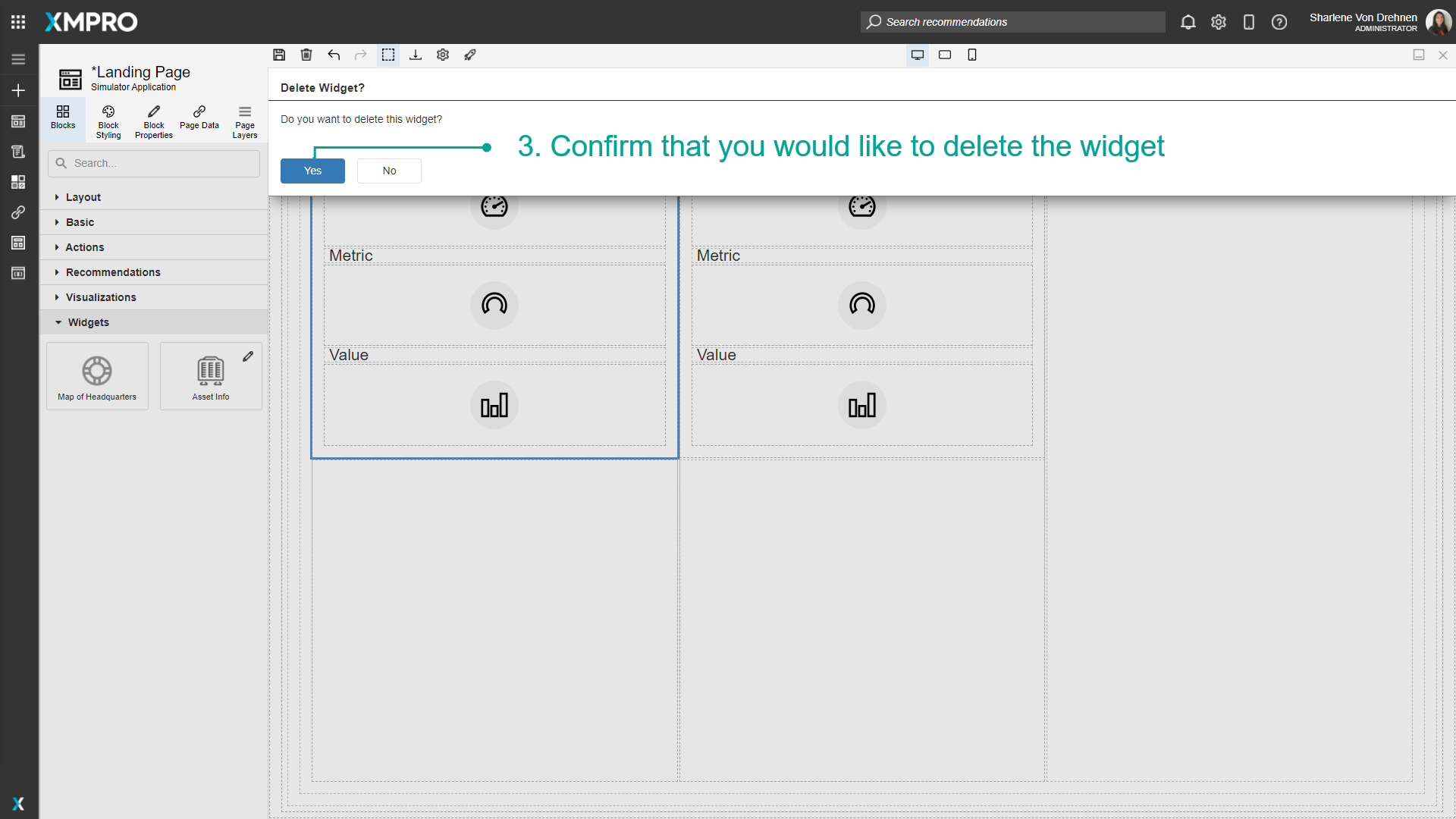 Screenshot of the confirmation dialog for deleting a widget