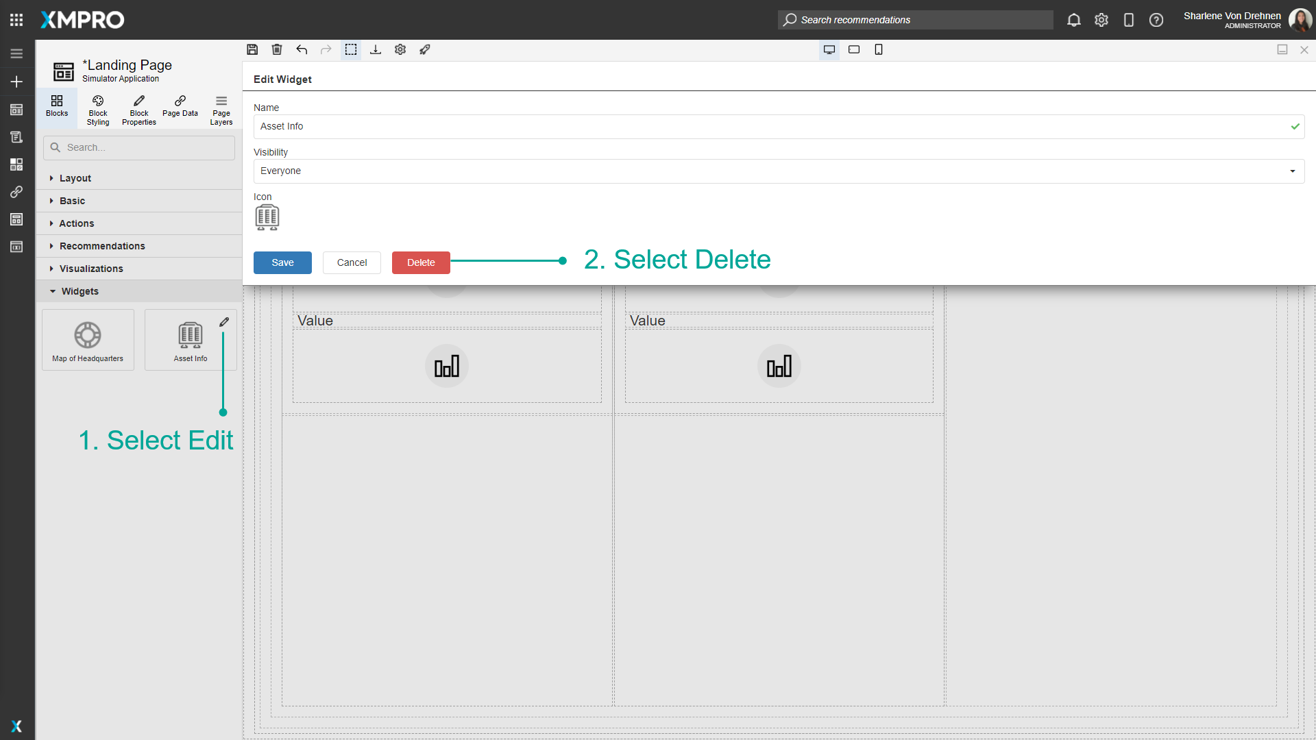 Screenshot showing the edit menu for a widget with the Delete option highlighted