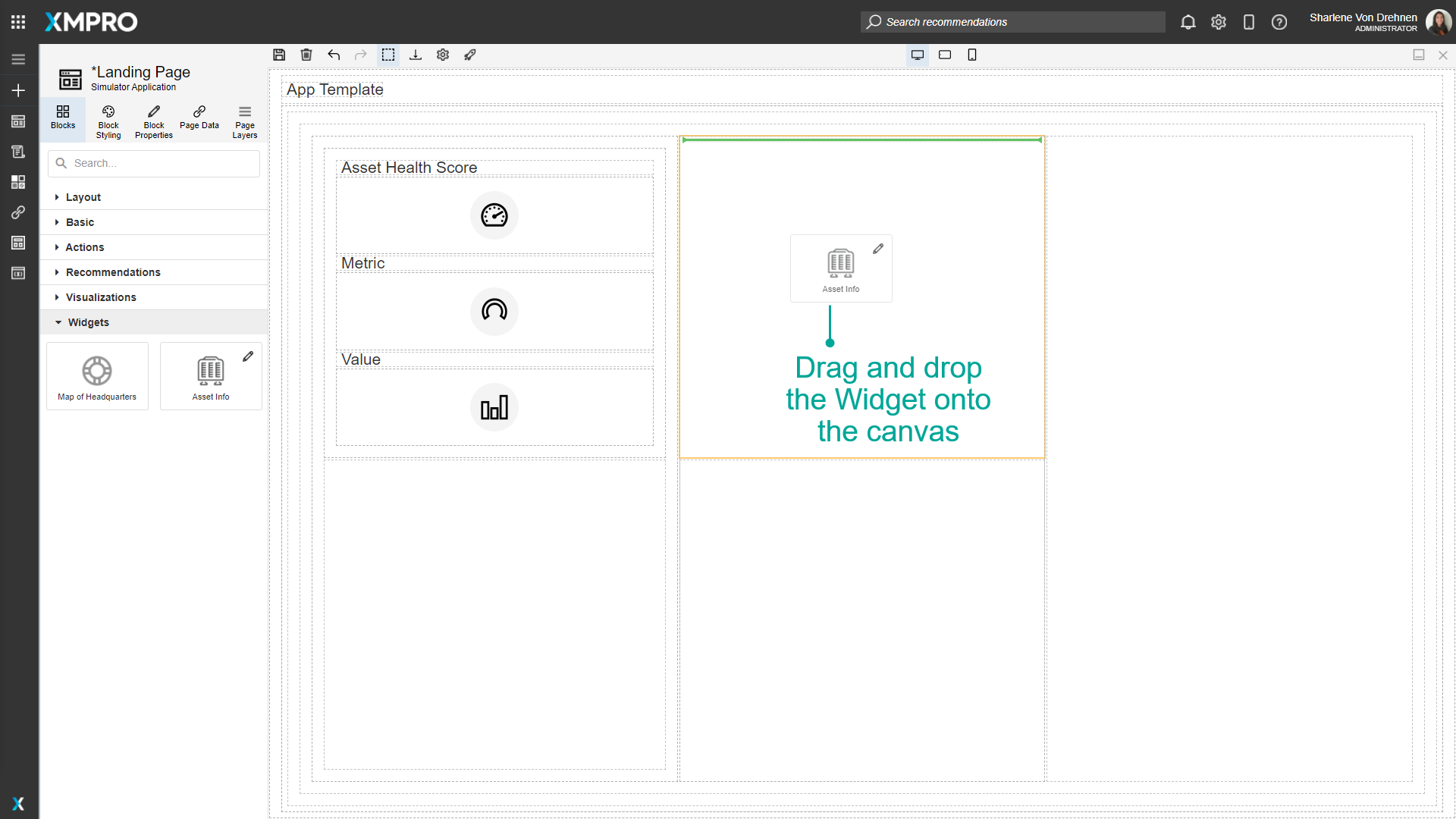 Screenshot showing a widget being dragged from the toolbox onto the canvas