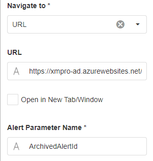 Navigate To, URL, Open in New Tab/Window, and Alert Paramater Name properties
