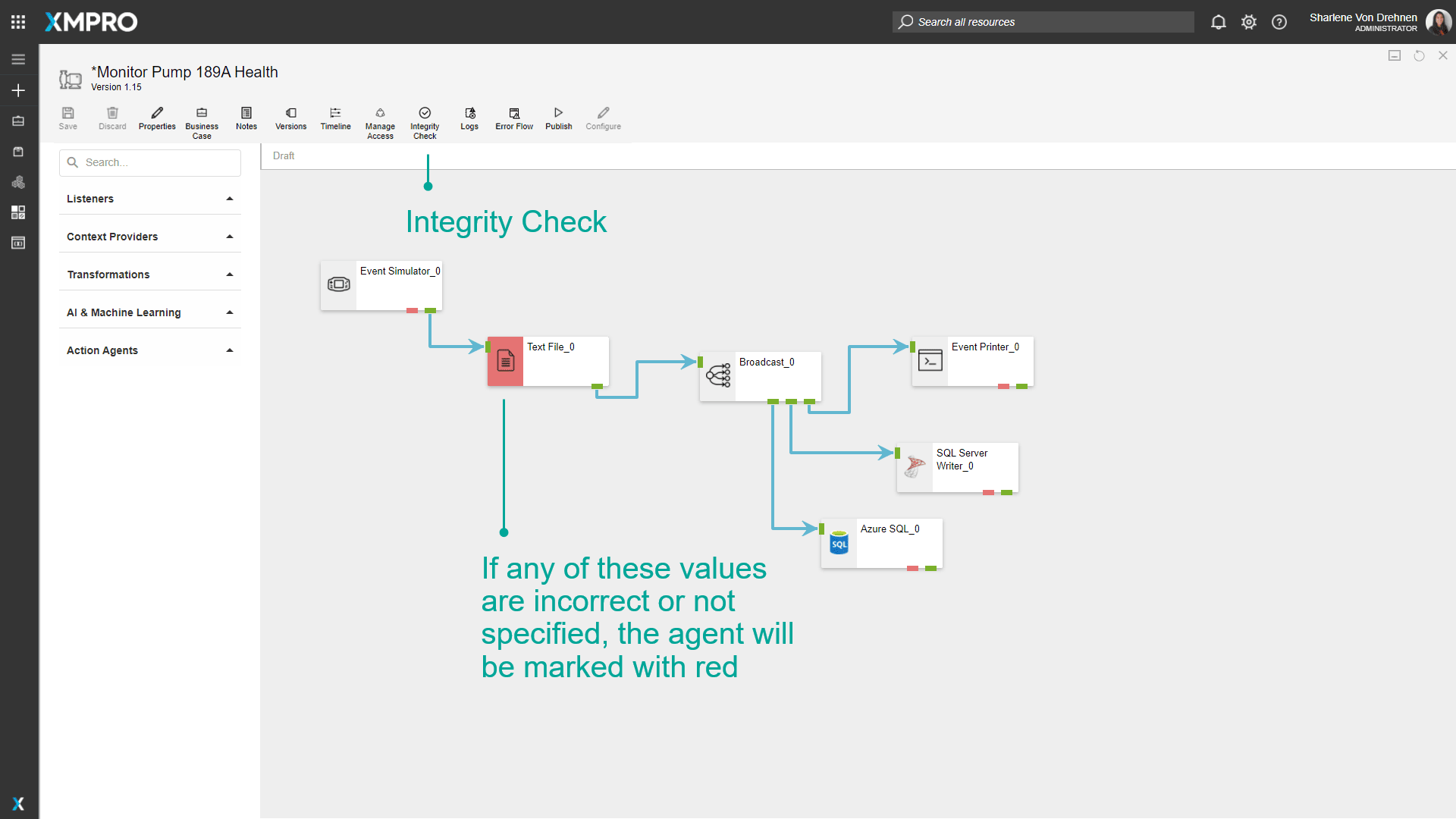 Data Stream Designer interface showing the Integrity Check button in the toolbar and agents marked with red indicators showing validation errors