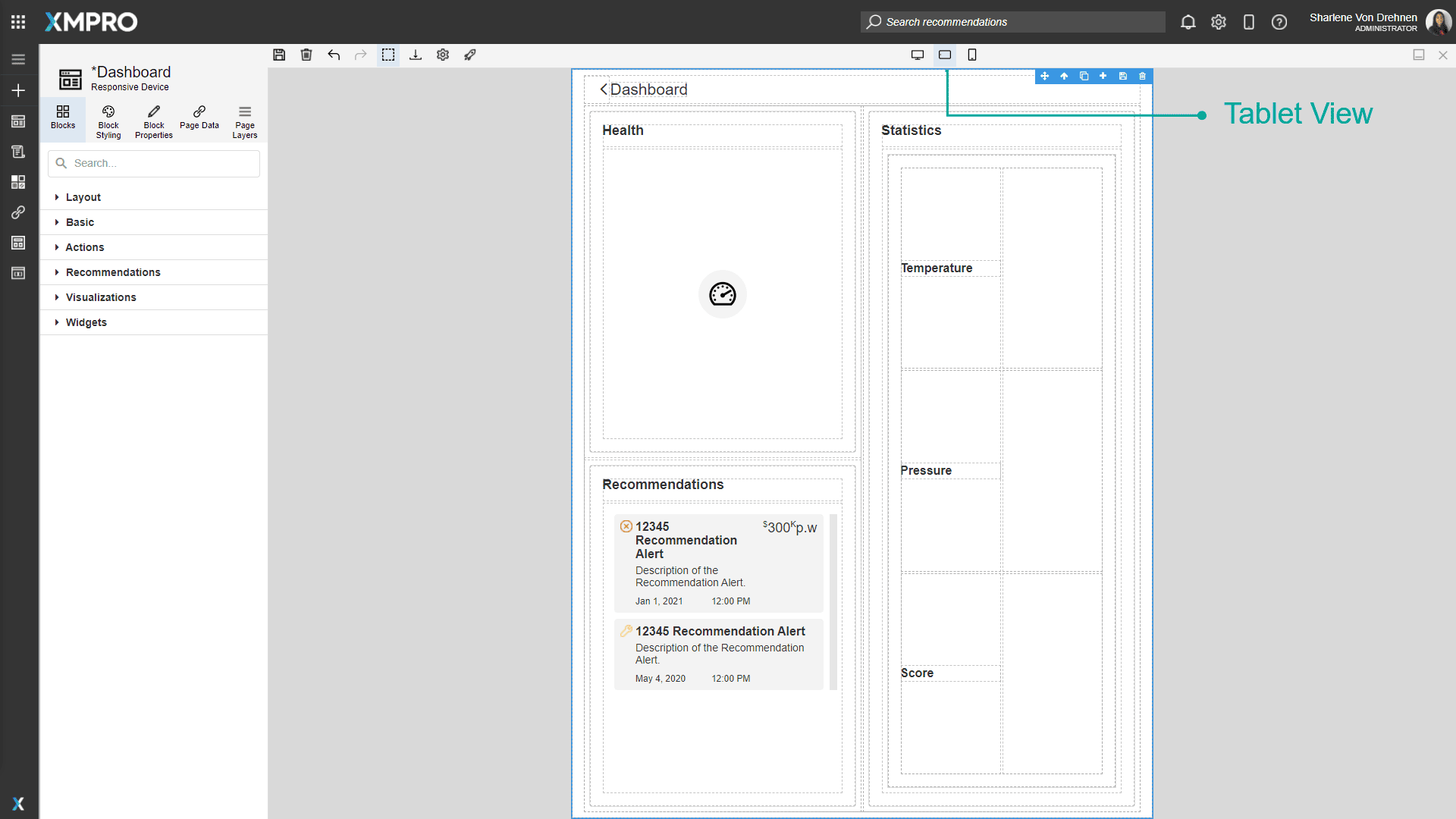 Desktop layout preview showing full-width blocks and multiple columns