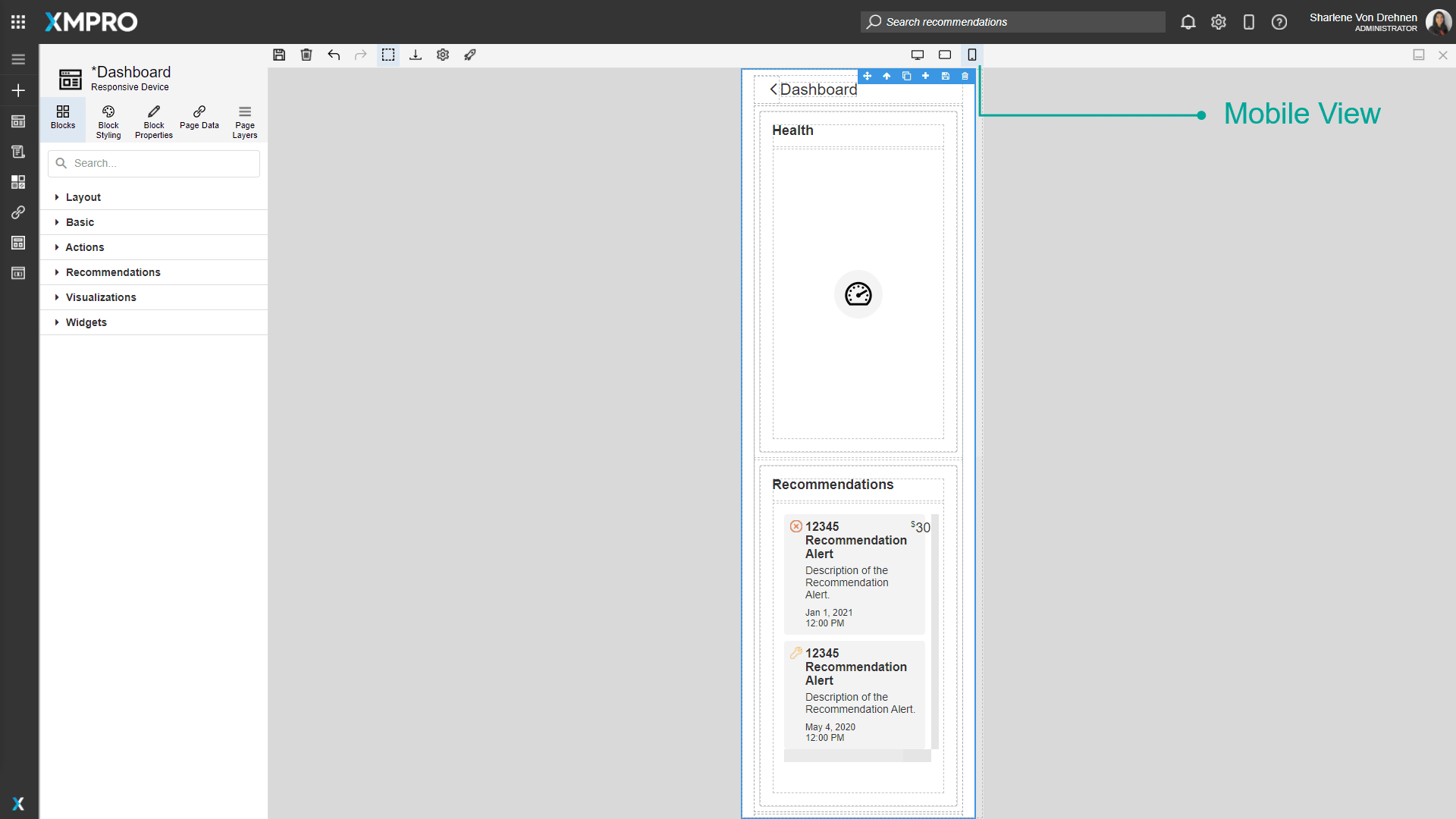 Mobile layout preview showing stacked blocks for narrow screens