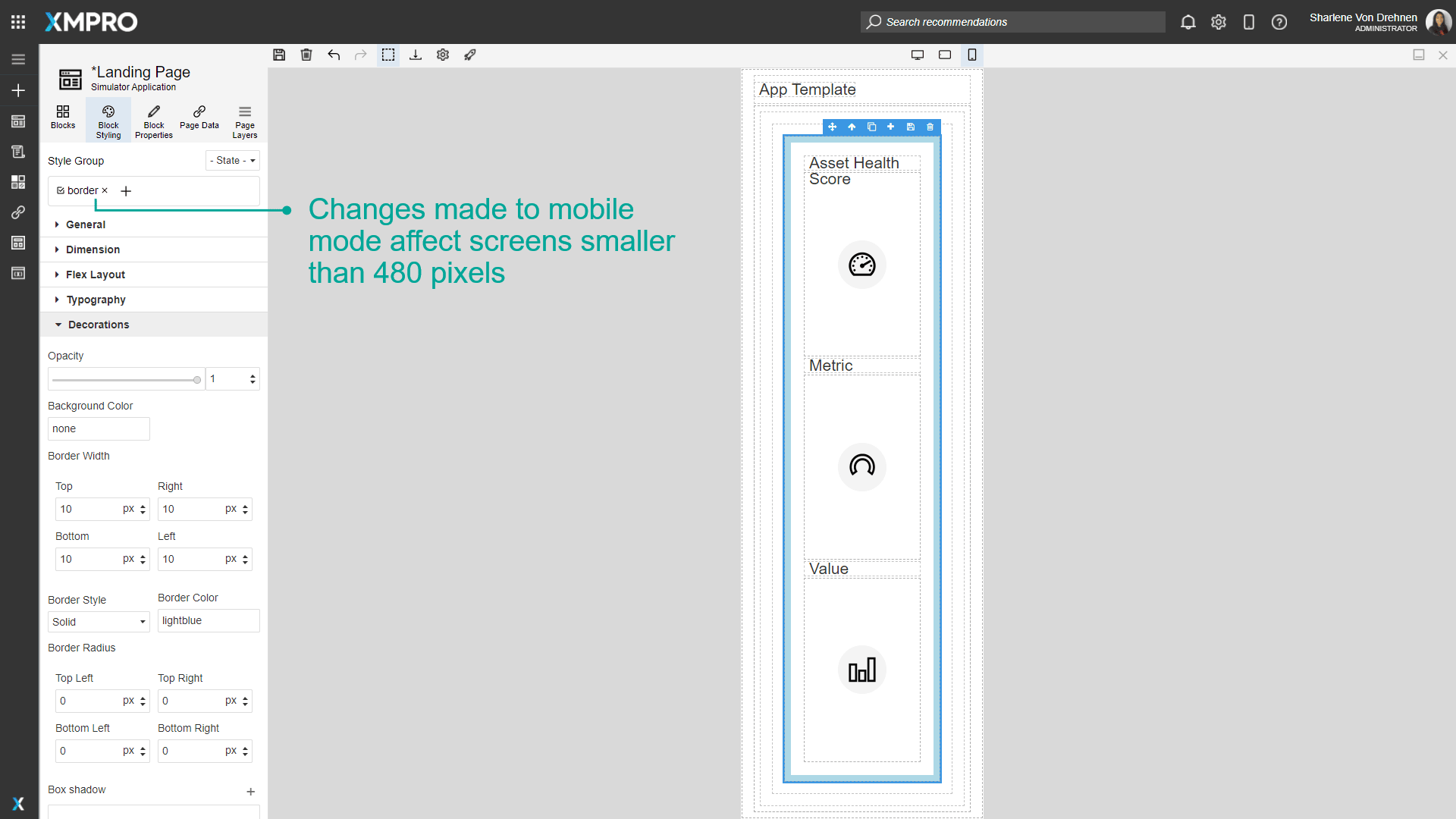 Mobile configuration panel showing style settings for small screens