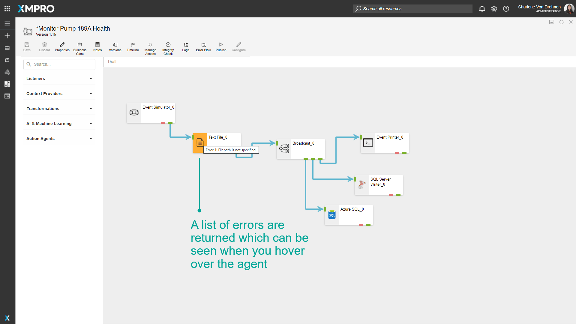 Close-up view of an agent with validation errors displayed in a tooltip showing specific configuration issues like missing SQL Server instance name and database credentials