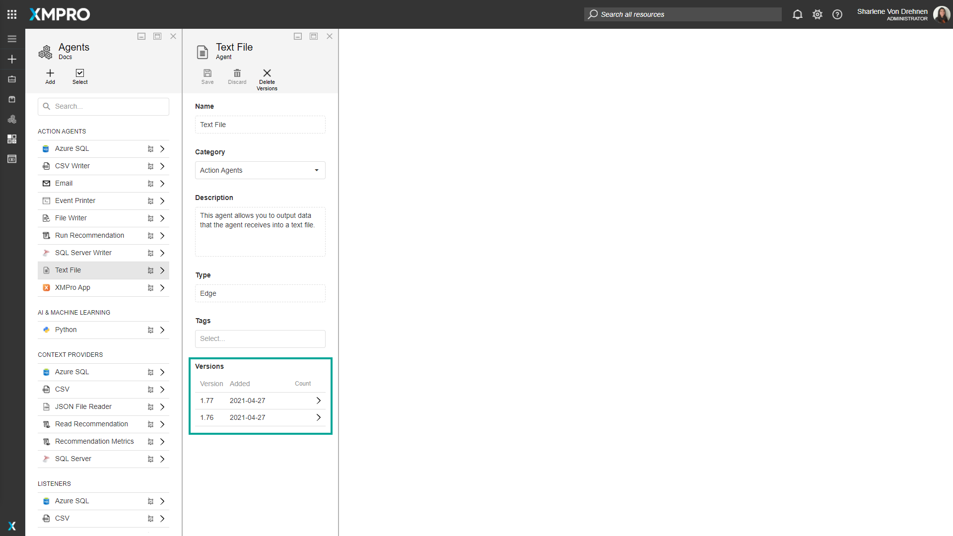 Uploading a new agent version through the Versions section