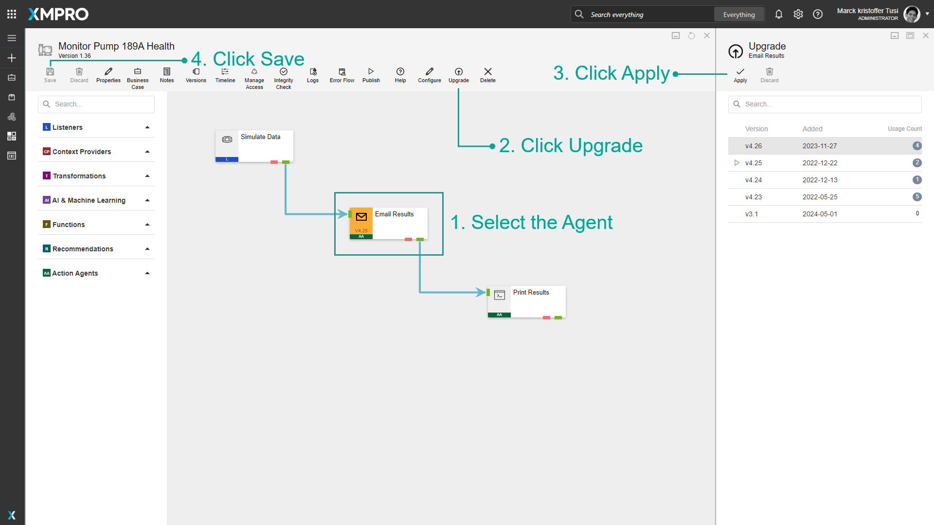 Steps to upgrade an agent version in a data stream