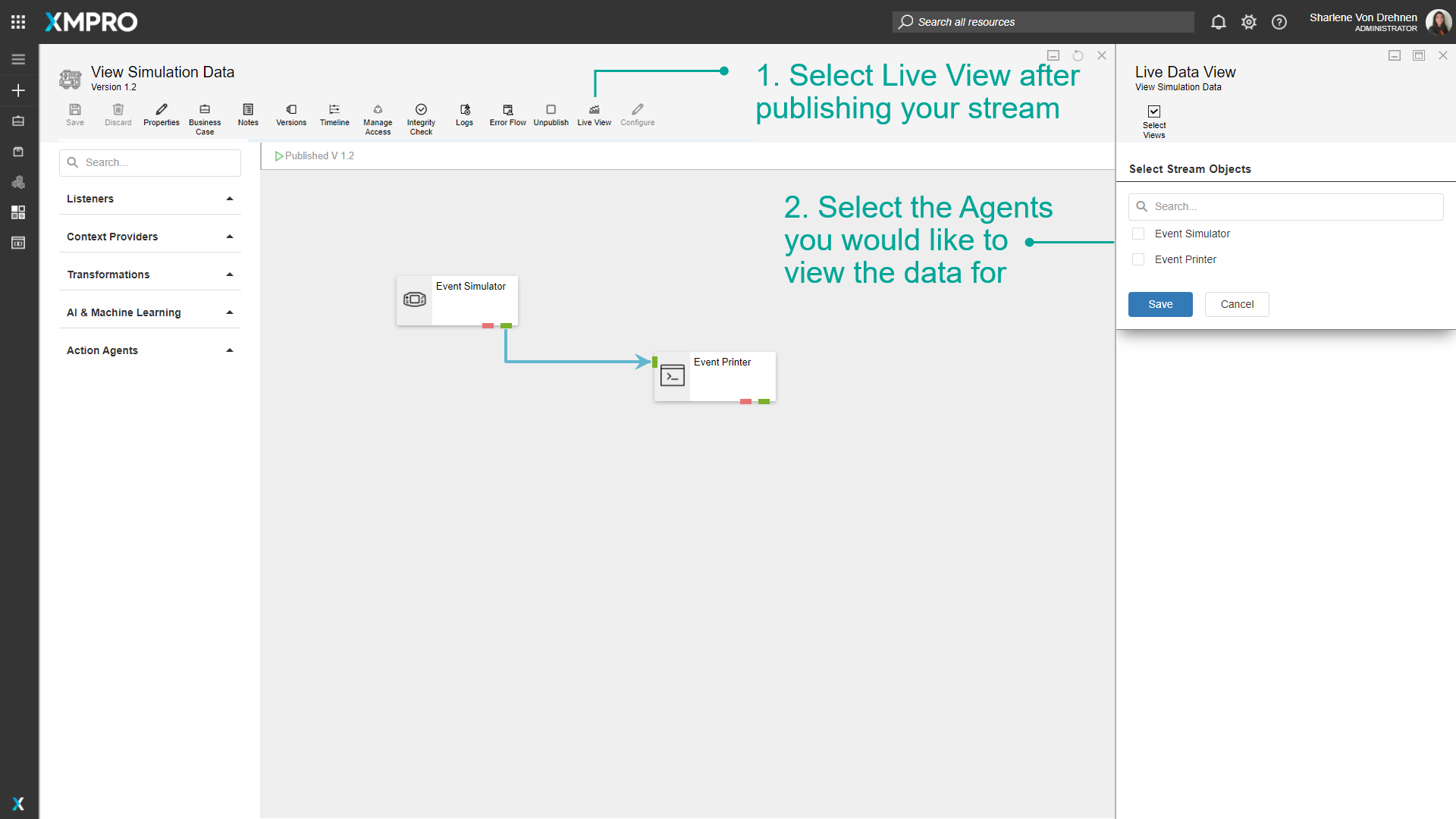 Selecting Live View option after publishing a Data Stream