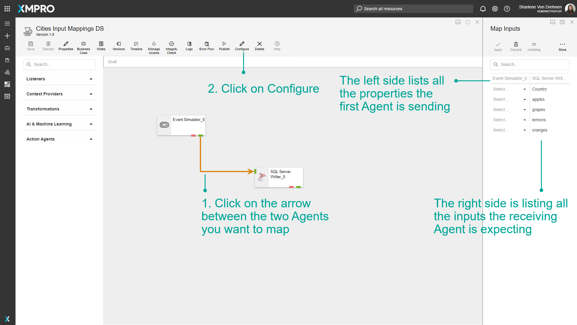 Selecting the arrow between agents to configure input mapping