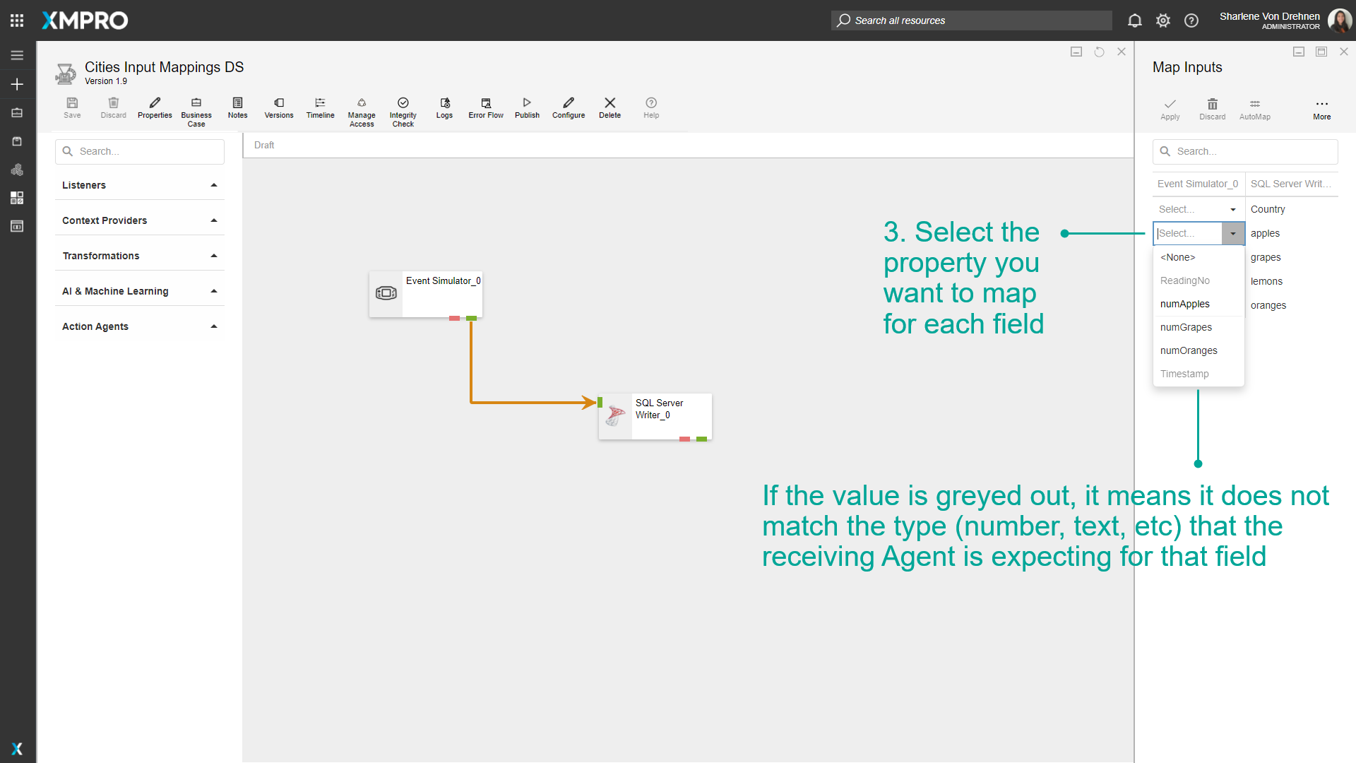 Configure screen showing source and target properties