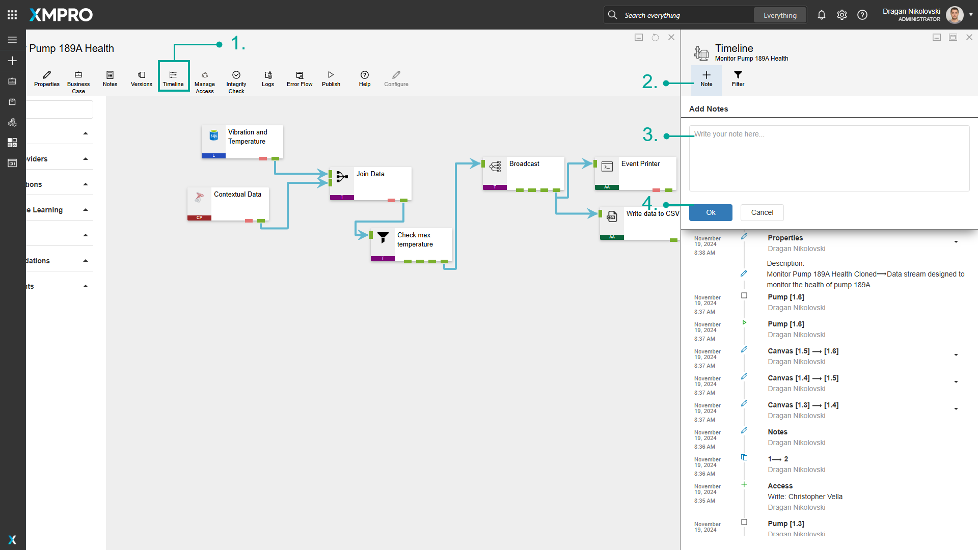 Adding a note to the timeline