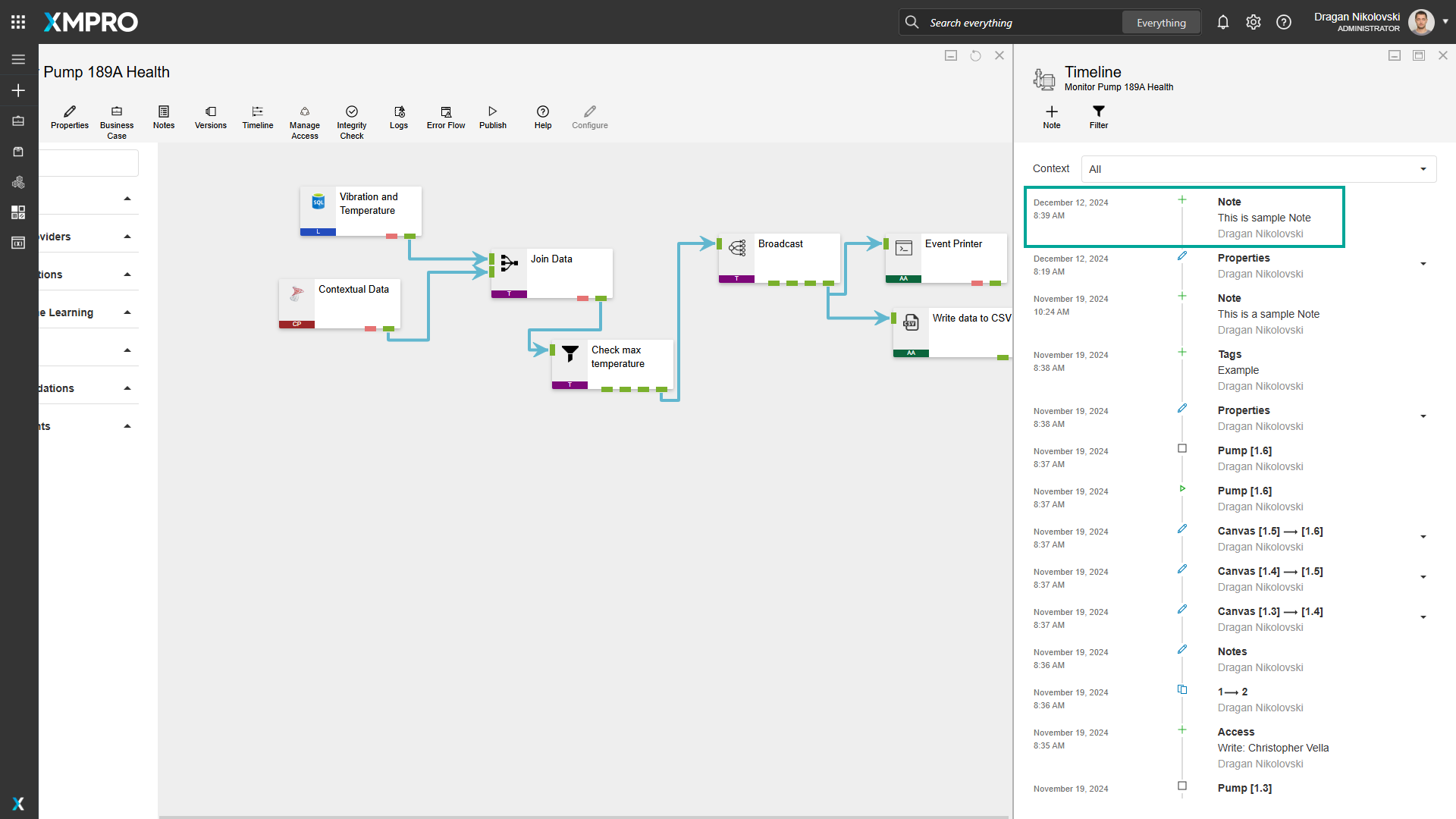Timeline showing a newly added note