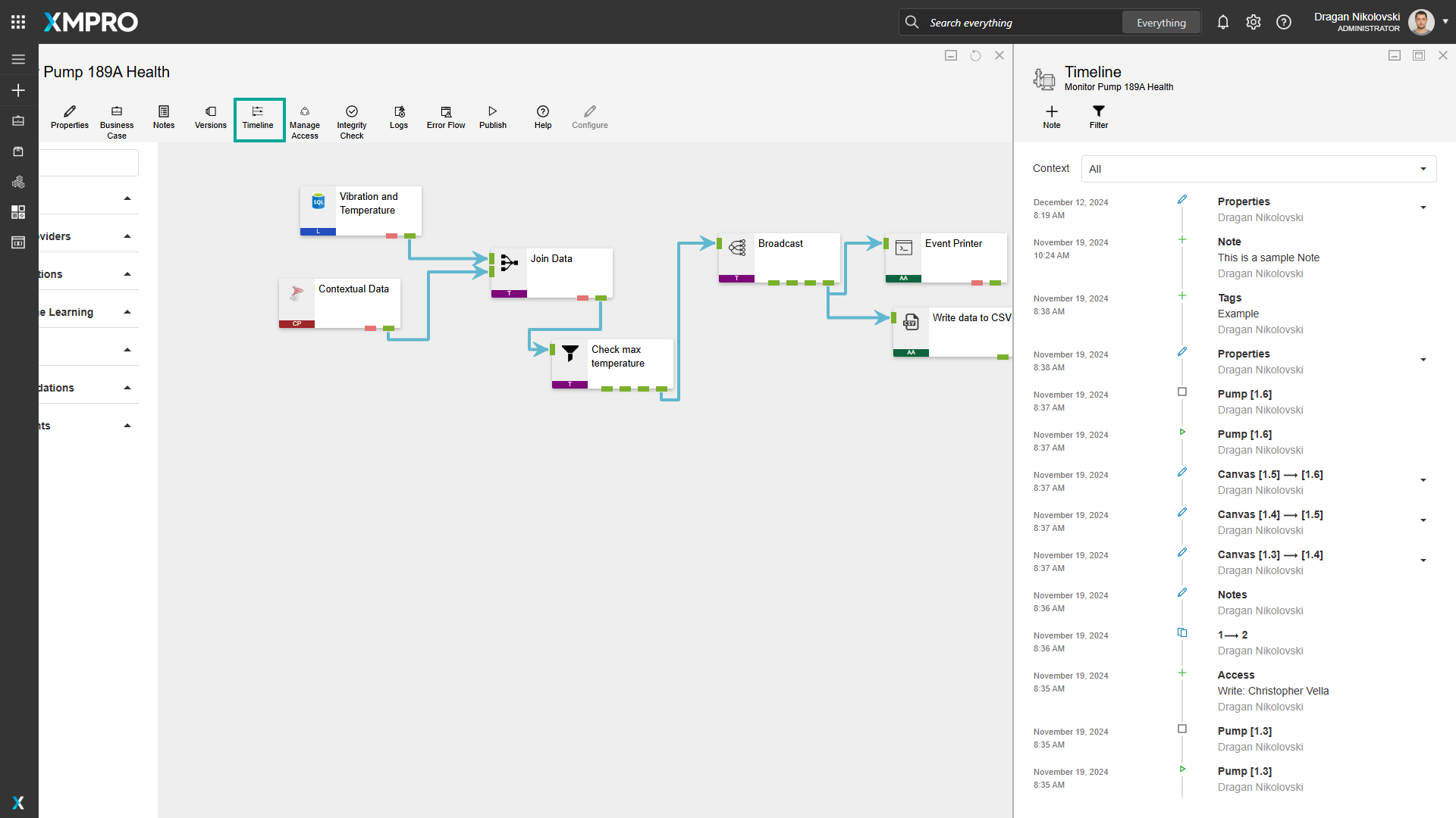 Opening the Timeline view in a data stream