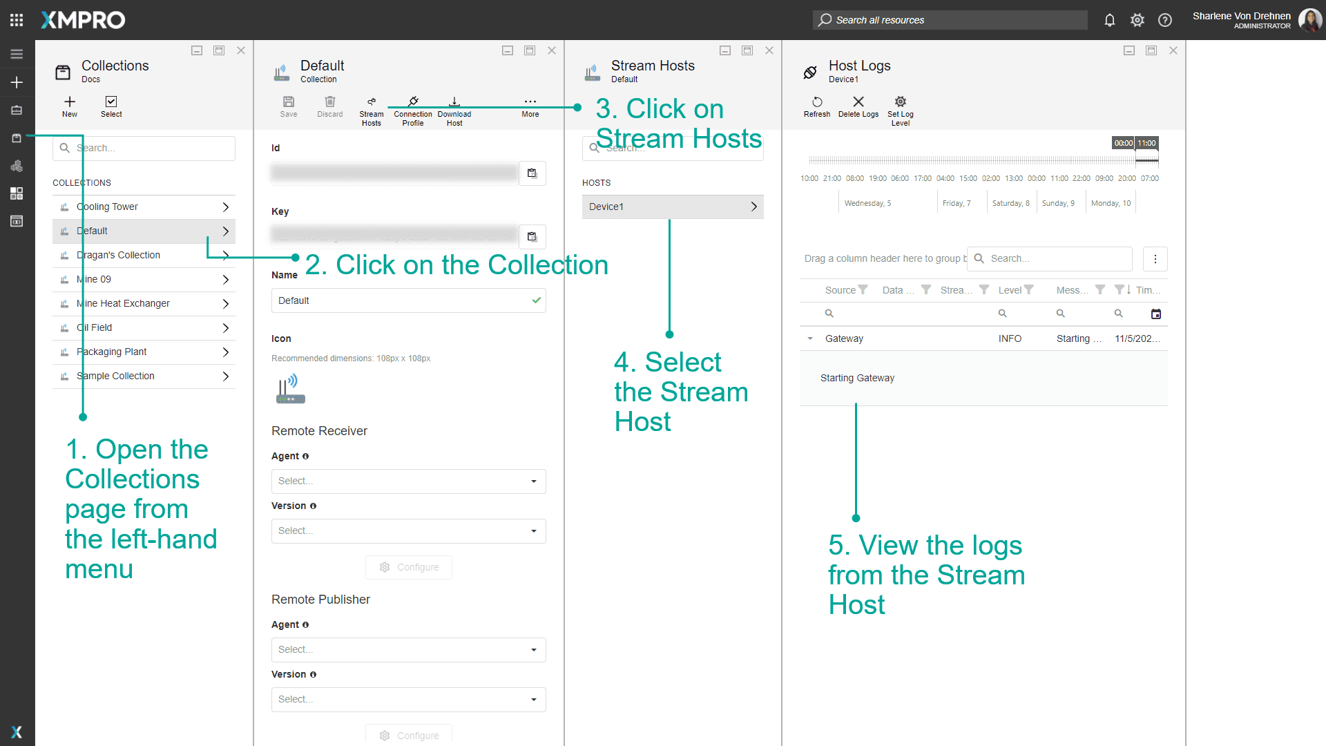 Accessing Stream Host logs from Collections page