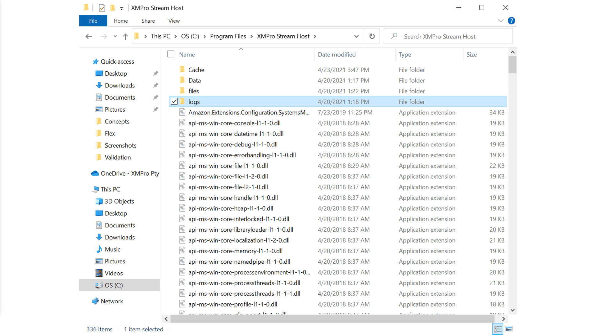 Navigating to Stream Host logs in Program Files
