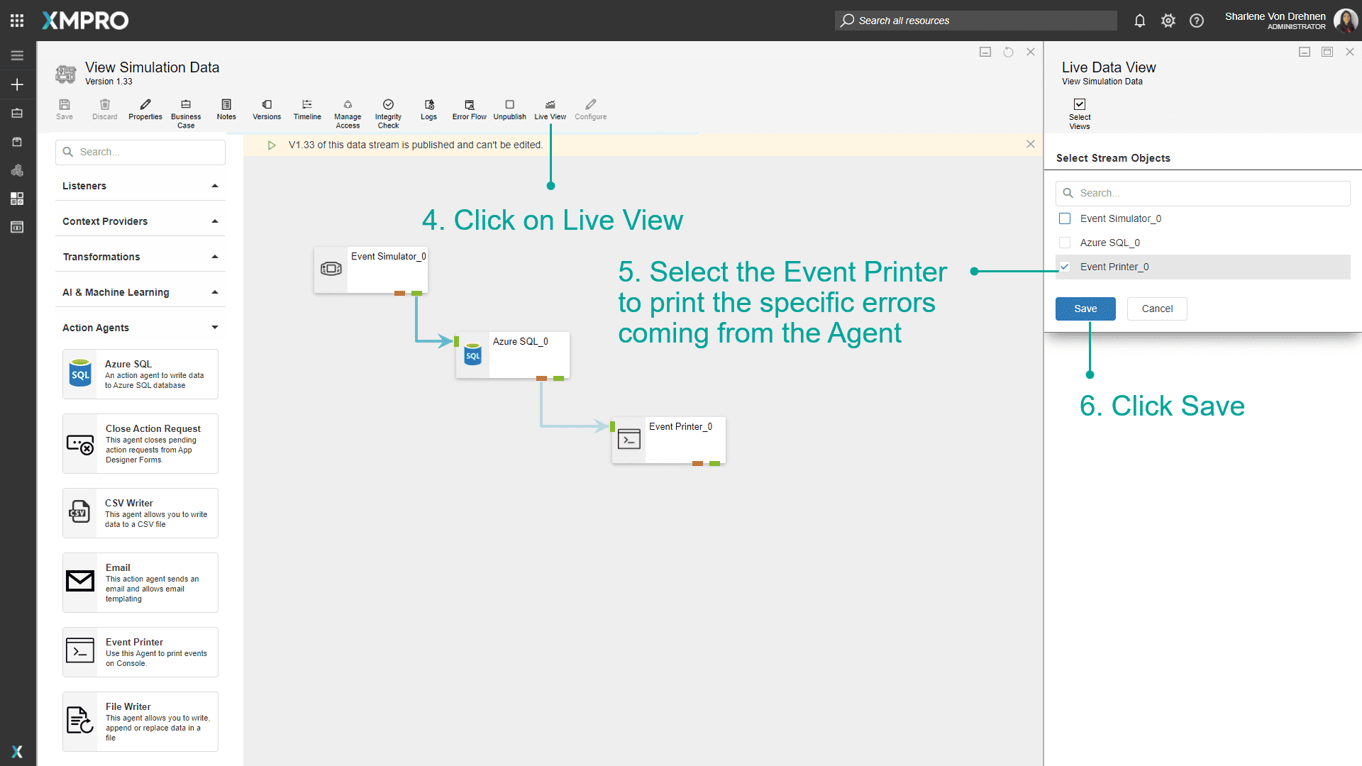 Viewing error output in Event Printer